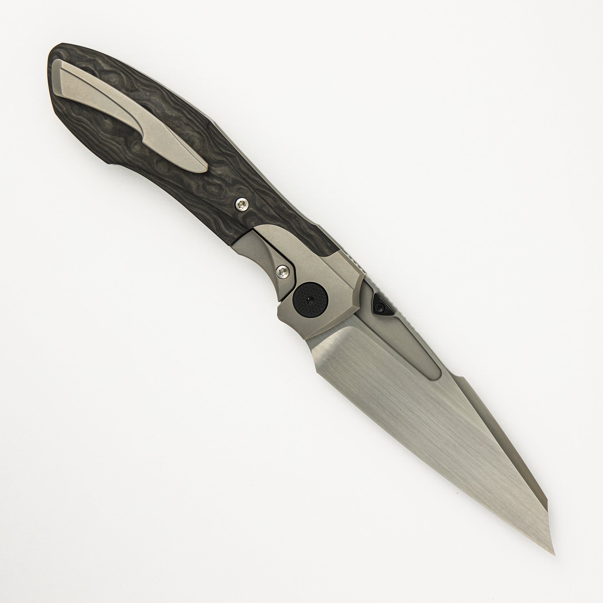 Null Knives Voodoo - Glass Bead Blasted Ti/Black Camo Carbon Fiber Handle - Hand Rubbed Satin M390 Blade