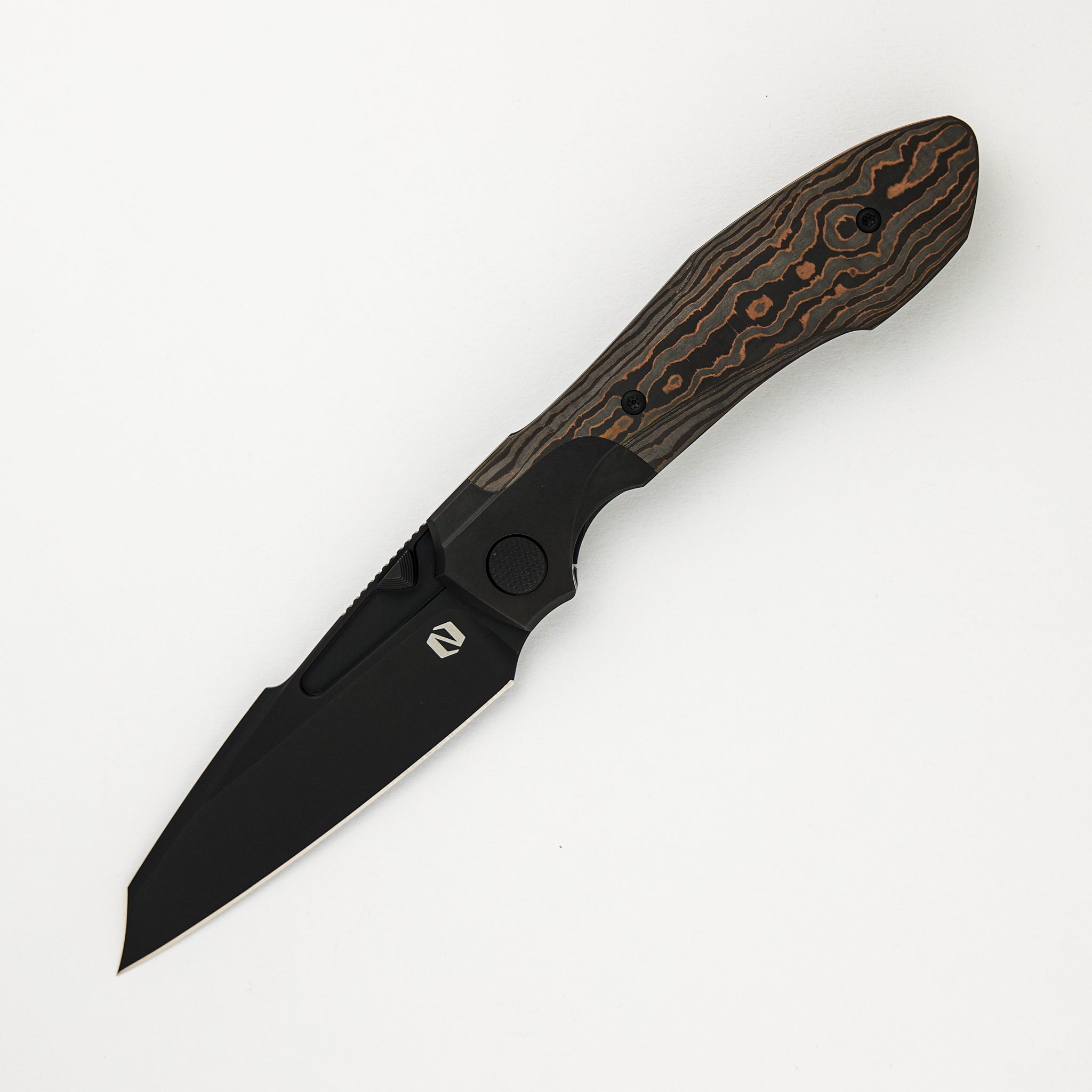 Null Knives Voodoo - Black PVD/Light Stonewash Ti/Copper Camo Carbon FIber Handle - Black PVD Light Stonewash M390 Blade