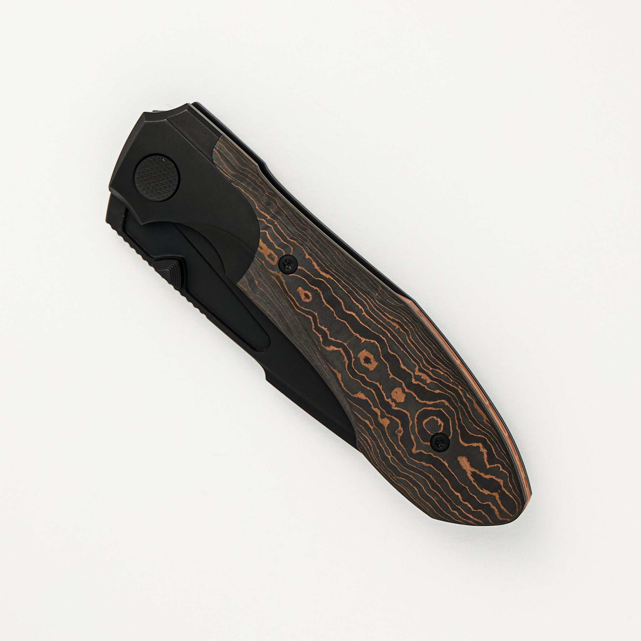 Null Knives Voodoo - Black PVD/Light Stonewash Ti/Copper Camo Carbon FIber Handle - Black PVD Light Stonewash M390 Blade