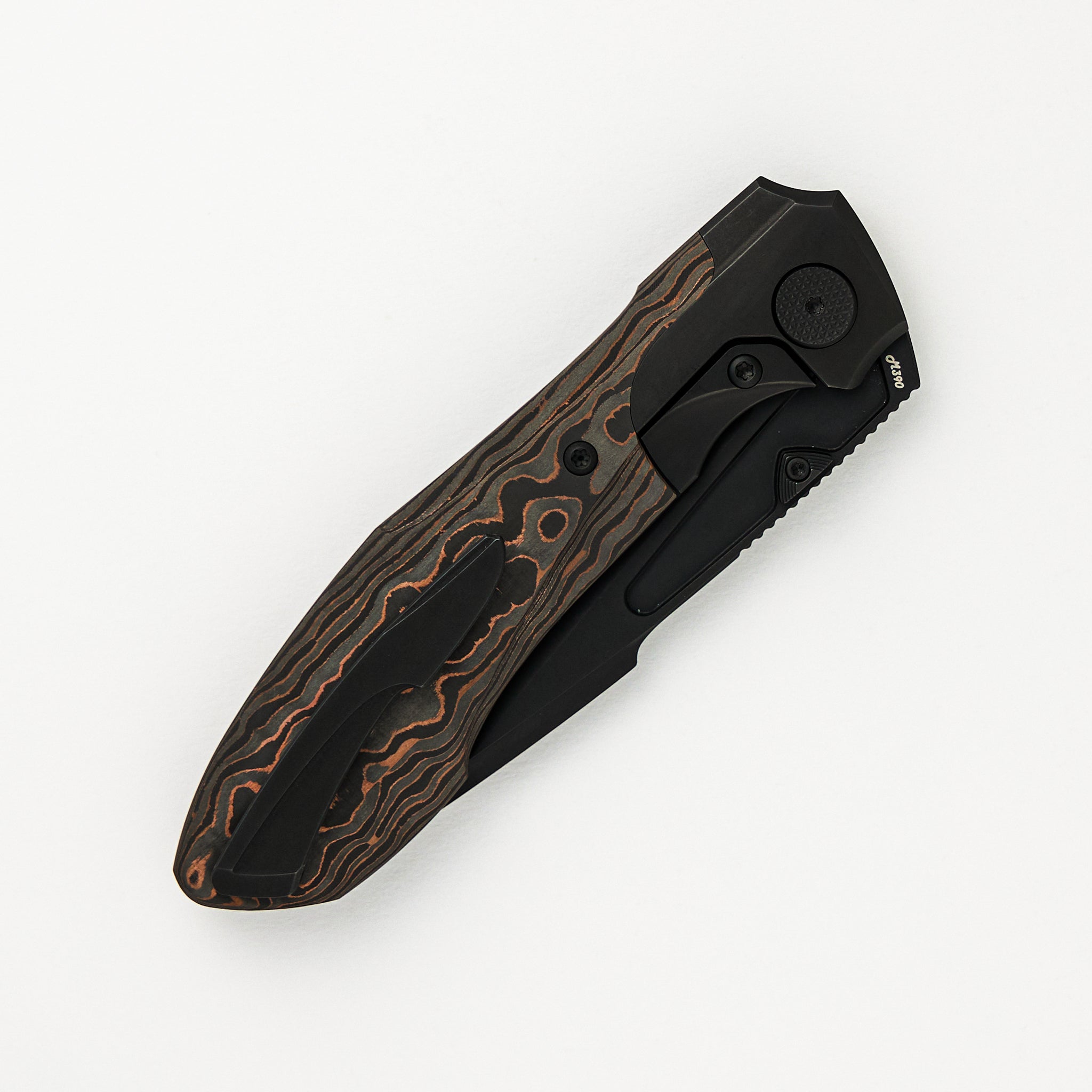 Null Knives Voodoo - Black PVD/Light Stonewash Ti/Copper Camo Carbon FIber Handle - Black PVD Light Stonewash M390 Blade