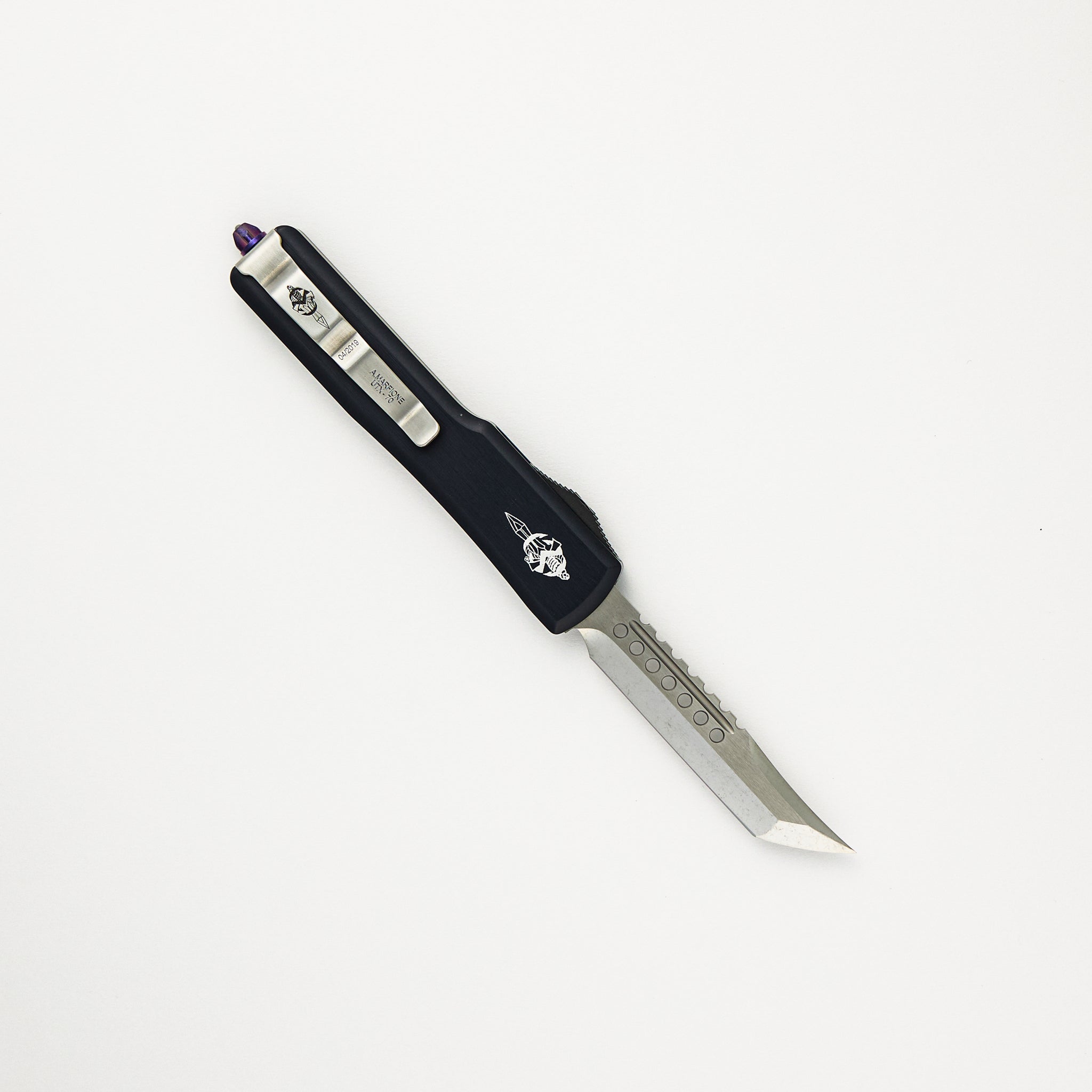 Marfione Custom Knives UTX-70 - Hellhound Mirror Polish Blade - Black Anodized Hefted Aircraft Alloy