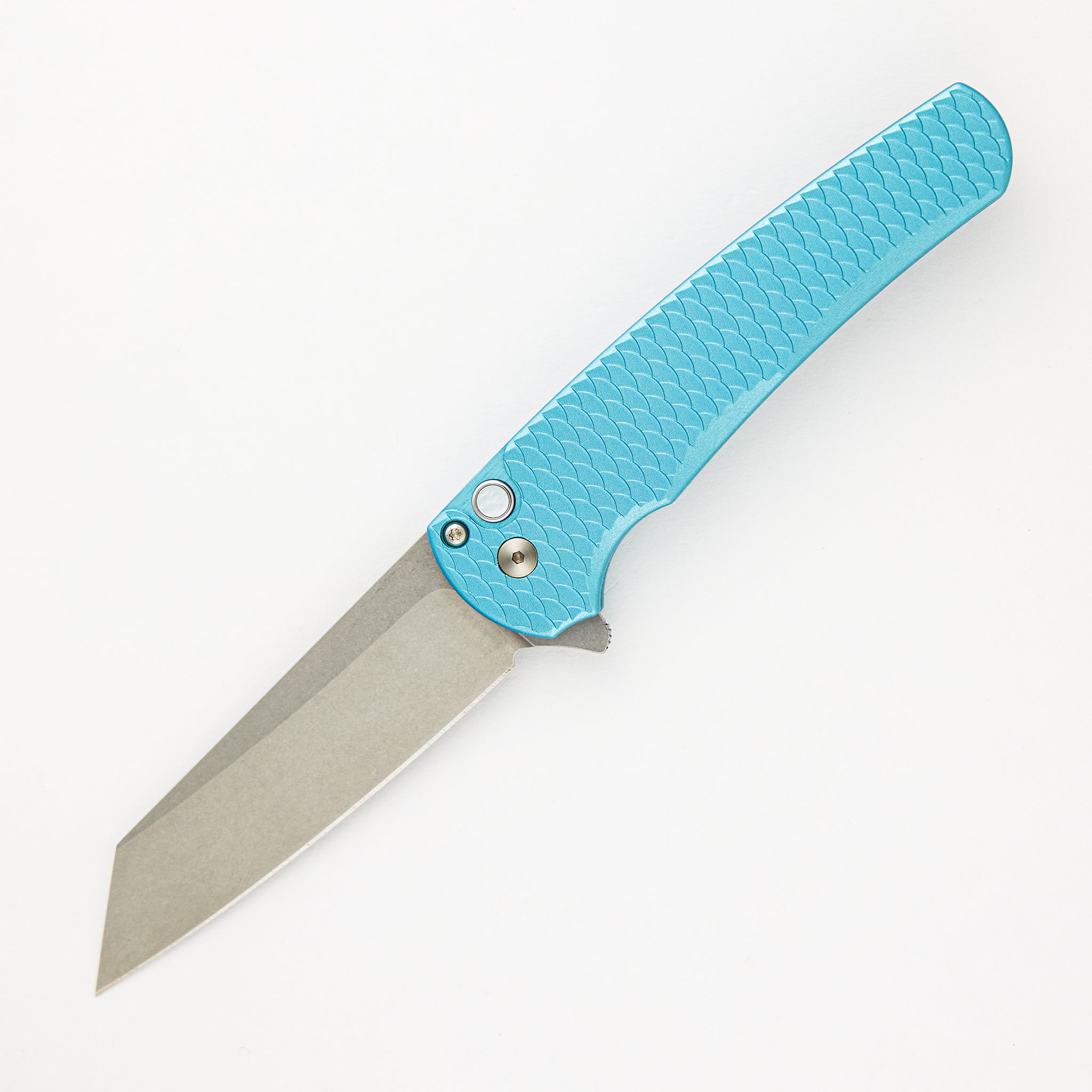 Pro-Tech Knives Malibu Flipper Prototype - CCKS Fall 2023 Exclusive - Tiff. Blue Dragonscale Al Handle - Stonewashed CPM 20CV Reverse Tanto Blade - Pearl Button