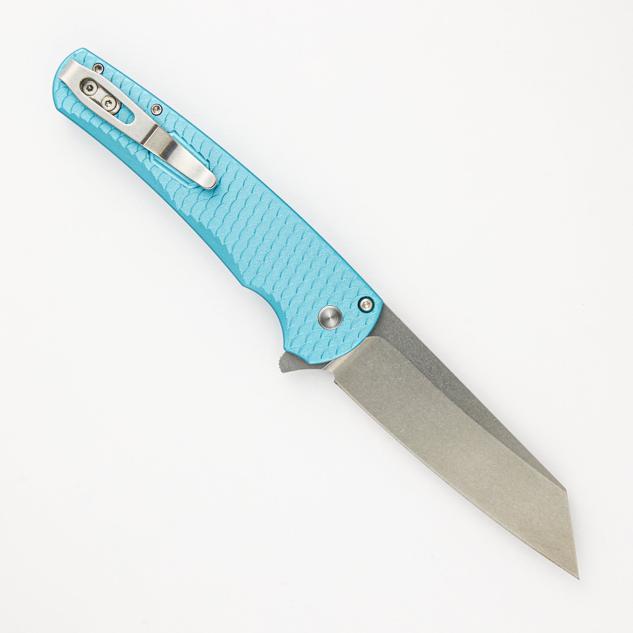 Pro-Tech Knives Malibu Flipper Prototype - CCKS Fall 2023 Exclusive - Tiff. Blue Dragonscale Al Handle - Stonewashed CPM 20CV Reverse Tanto Blade - Pearl Button