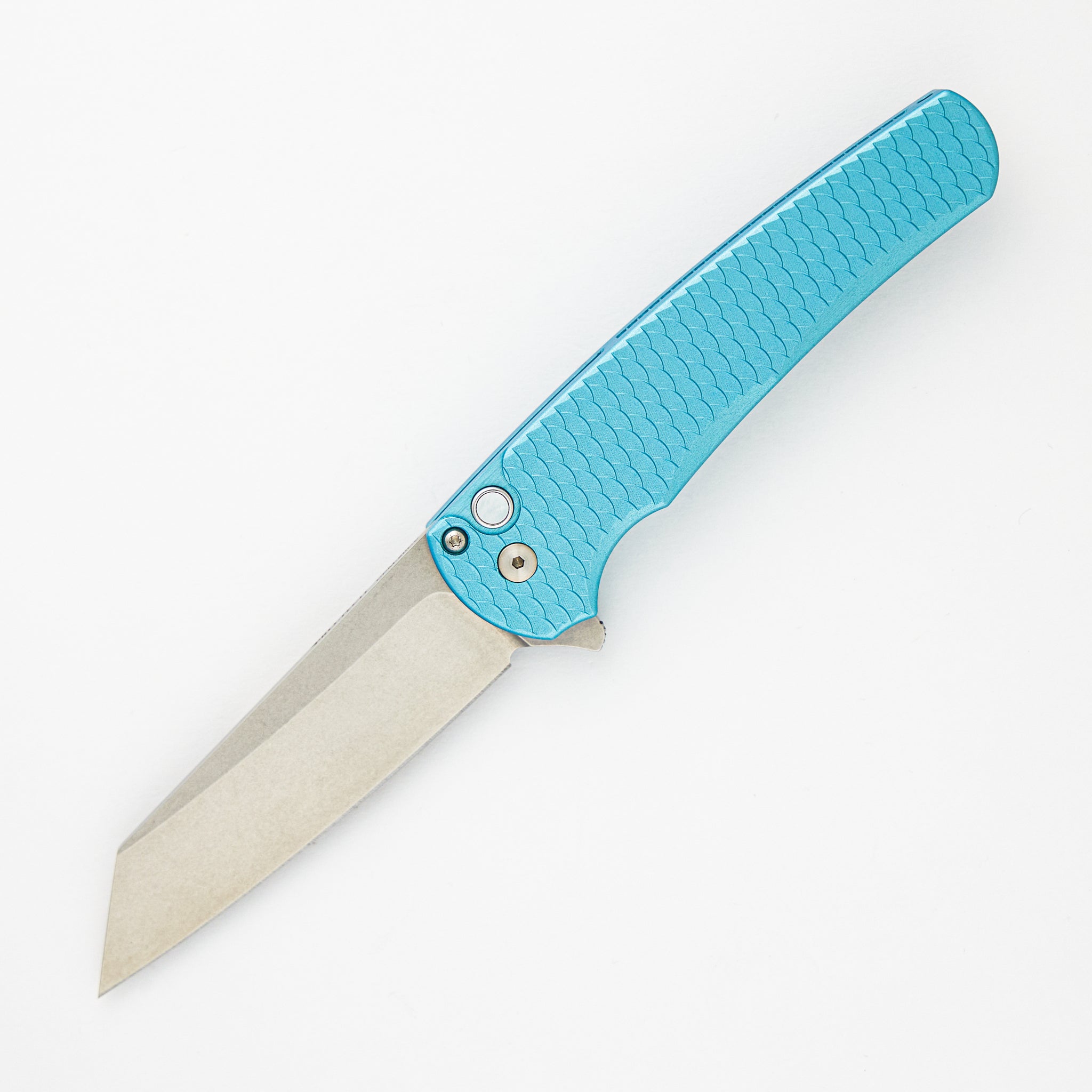 Malibu - CCKS Fall 2023 Exclusive - Tiff. Blue Dragonscale Al Handles - Stonewash 20CV Reverse Tanto Blade - Pearl Button - Prototype