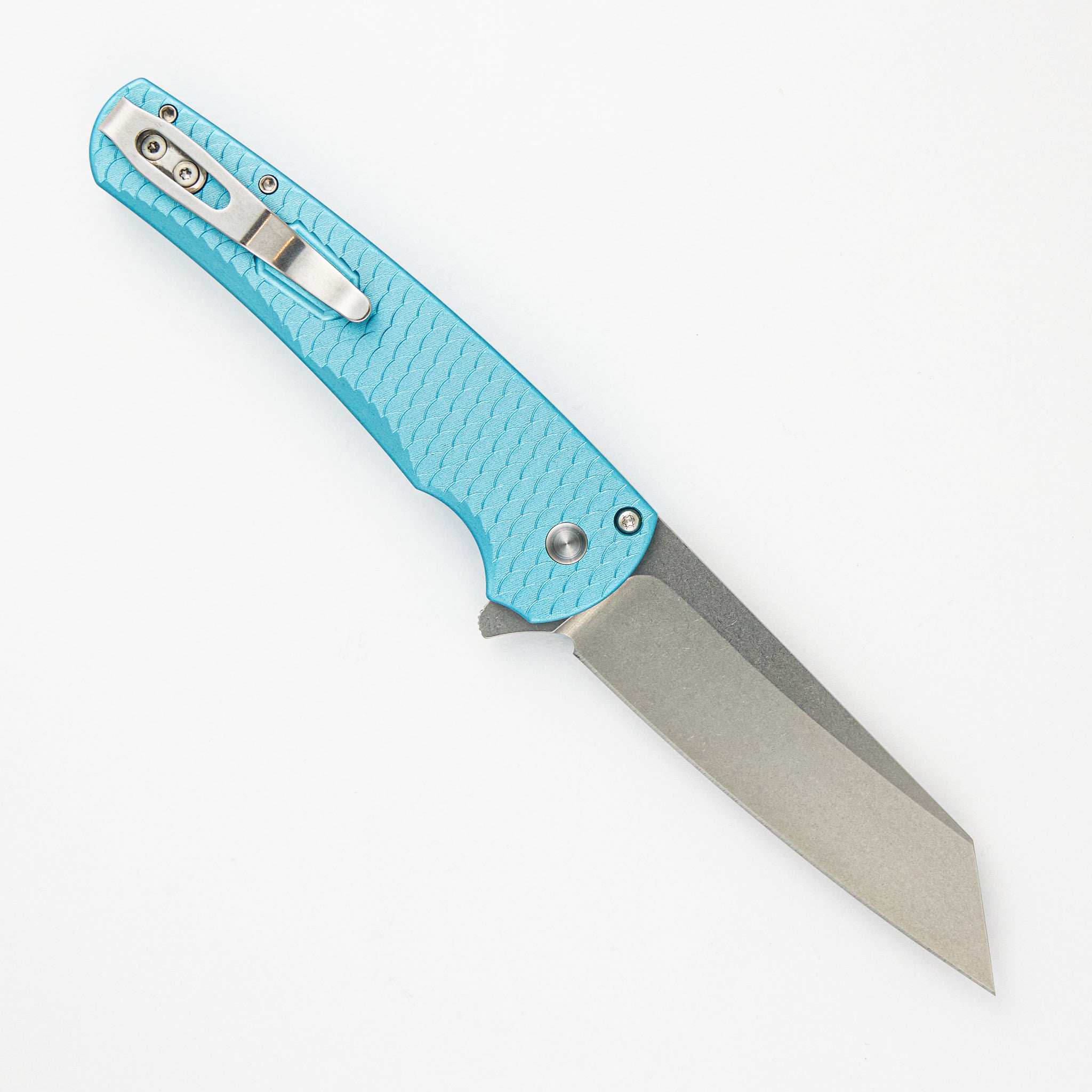 Malibu - CCKS Fall 2023 Exclusive - Tiff. Blue Dragonscale Al Handles - Stonewash 20CV Reverse Tanto Blade - Pearl Button - Prototype