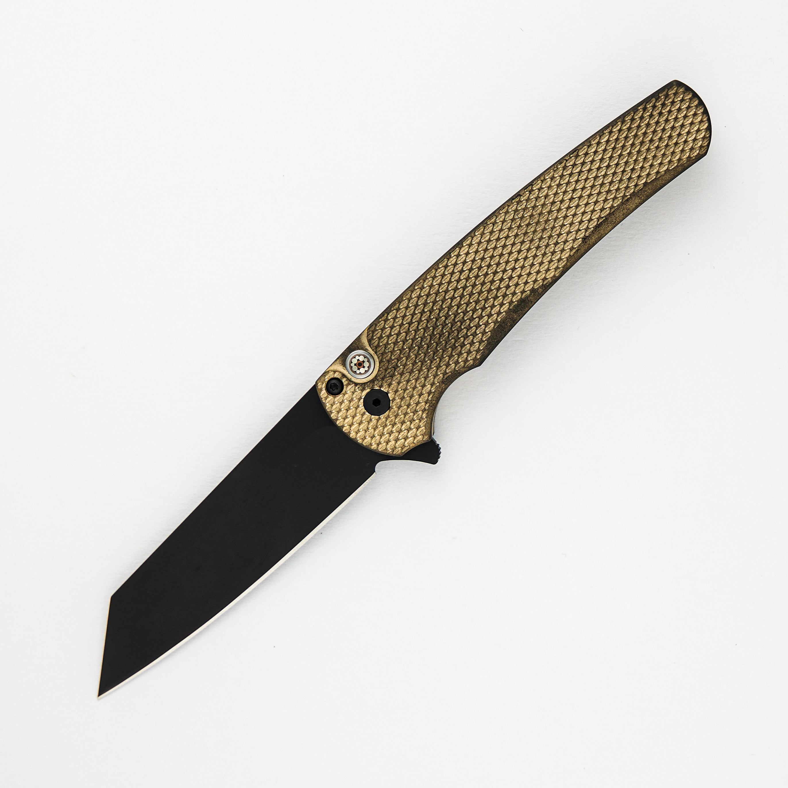 Malibu Flipper Ltd. – Textured Bronze AL Handle – DLC Black 20CV Reverse Tanto Blade – Mosaic Button – 5213