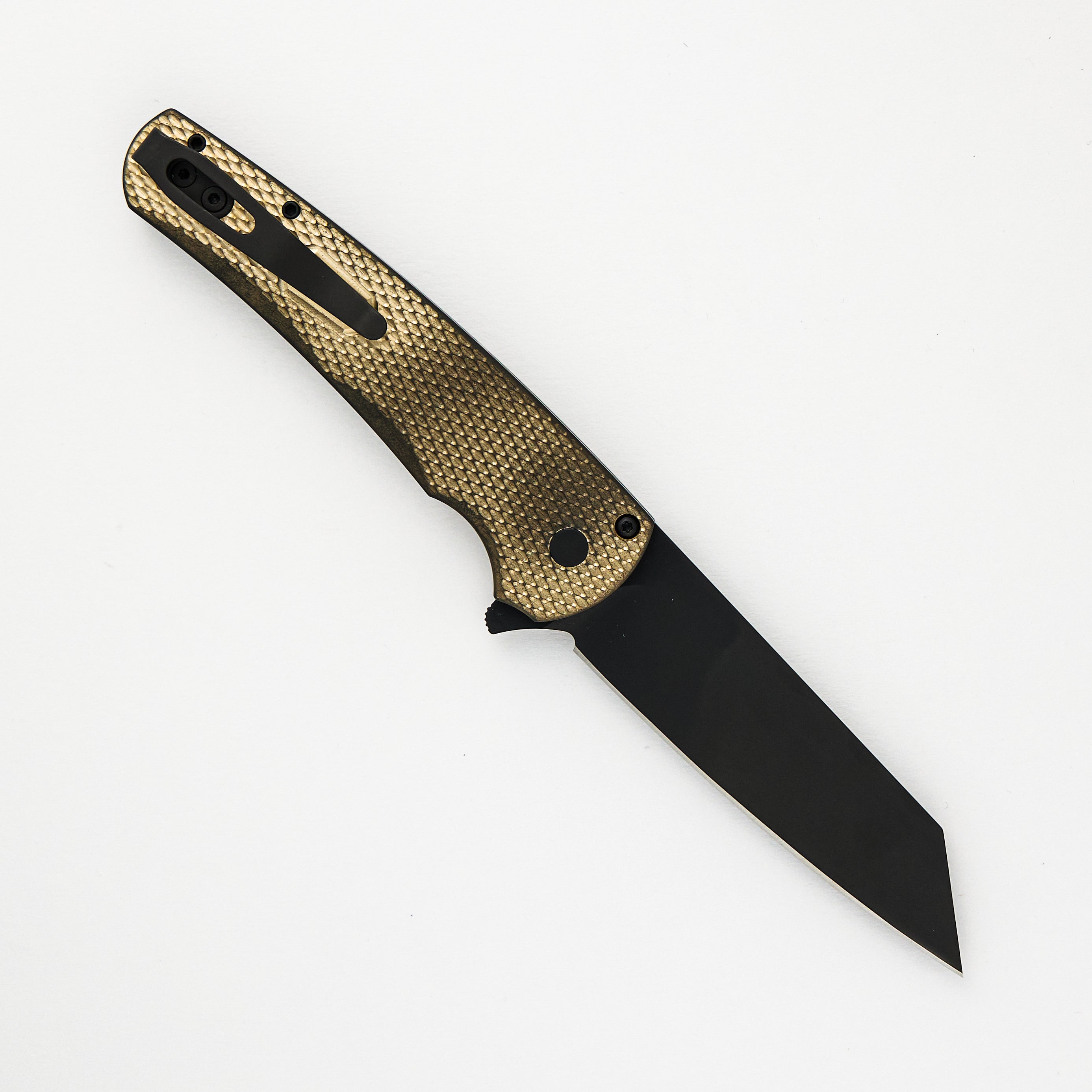 Malibu Flipper Ltd. – Textured Bronze AL Handle – DLC Black 20CV Reverse Tanto Blade – Mosaic Button – 5213