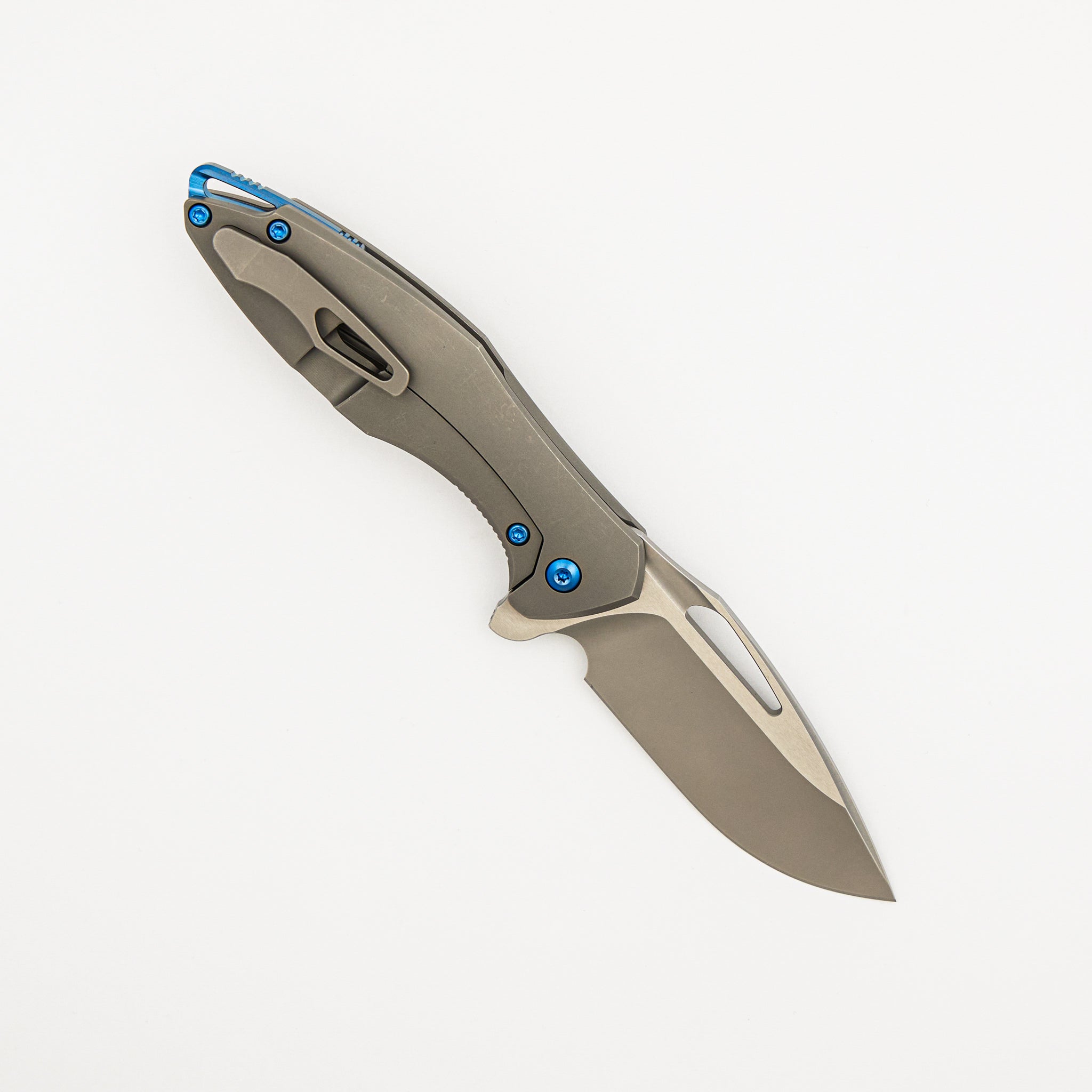 Mini Arius - Smooth Titanium Handle - Blue Hardware -  Burnished W/ Polished Flats M390 Blade