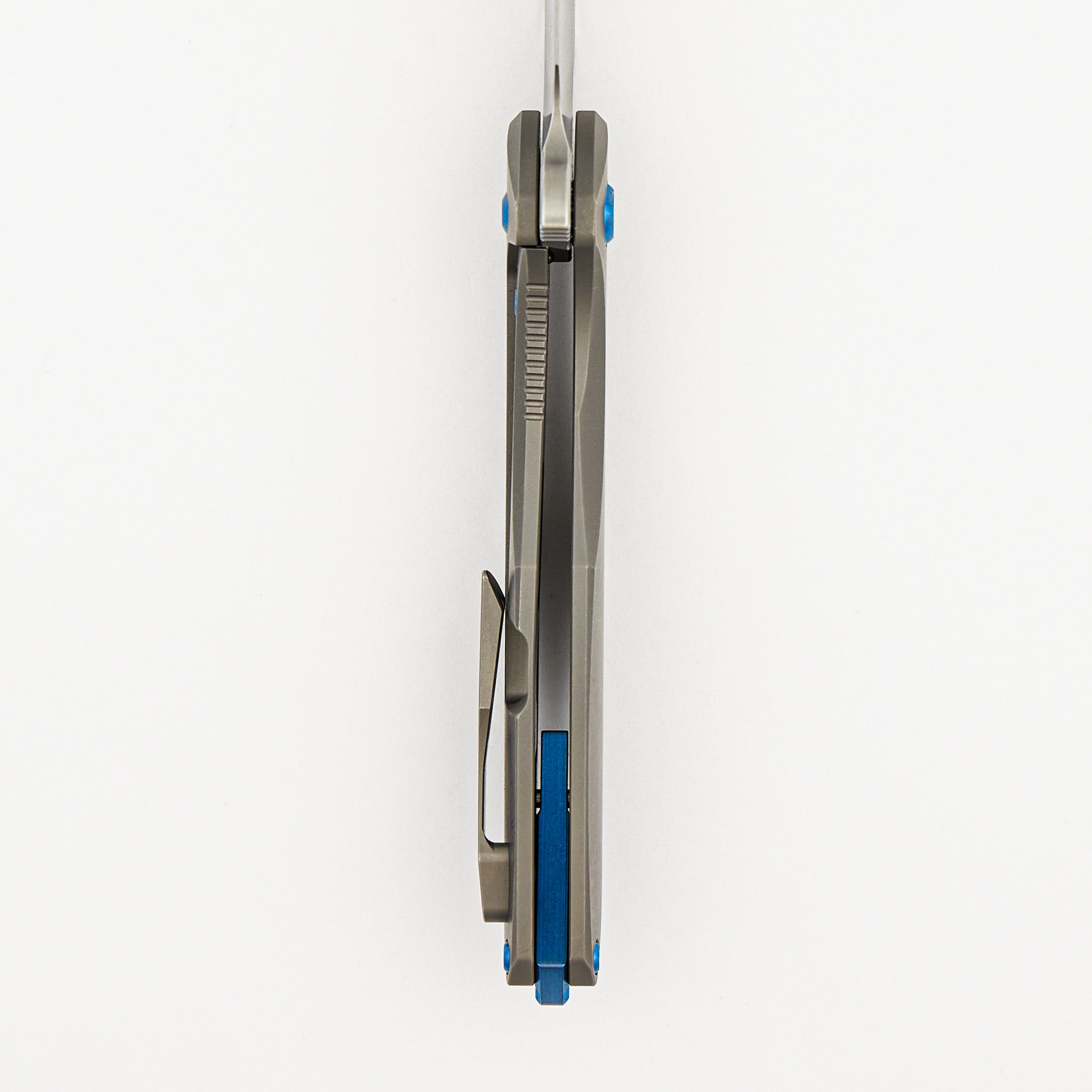 Mini Arius - Smooth Titanium Handle - Blue Hardware -  Burnished W/ Polished Flats M390 Blade