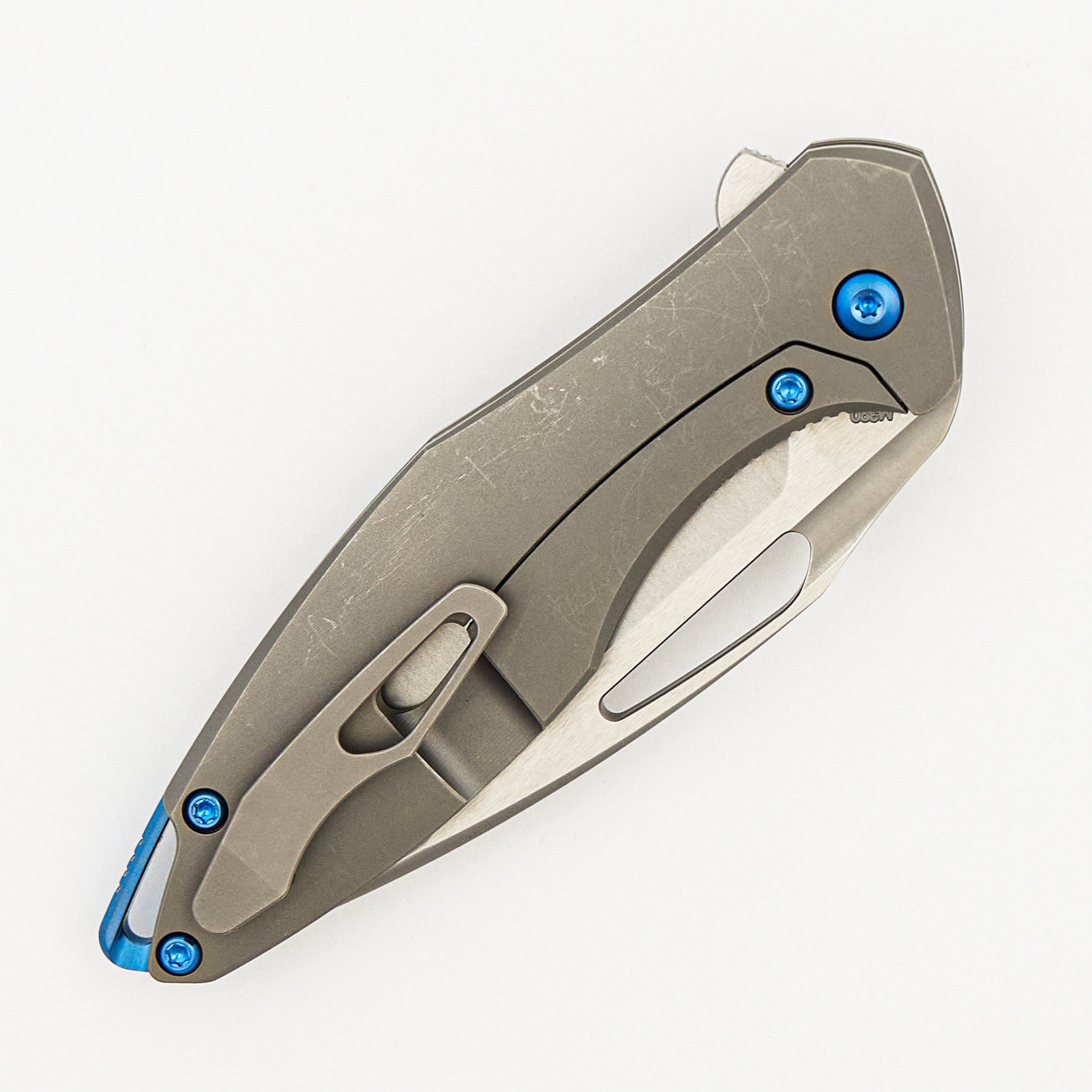 Mini Arius - Smooth Titanium Handle - Blue Hardware -  Burnished W/ Polished Flats M390 Blade