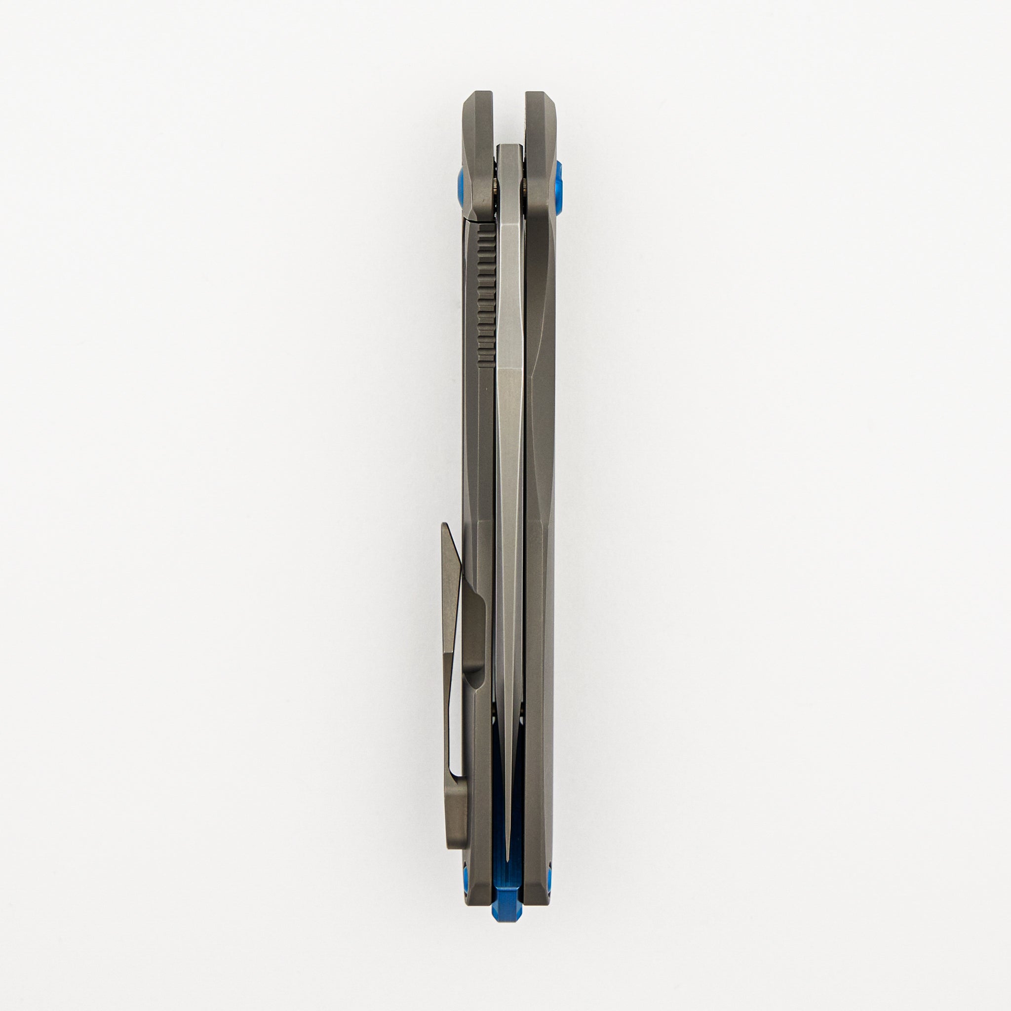 Arius - Smooth Titanium Handle - Blue Hardware - Burnished W/ Polished Flats M390 Blade