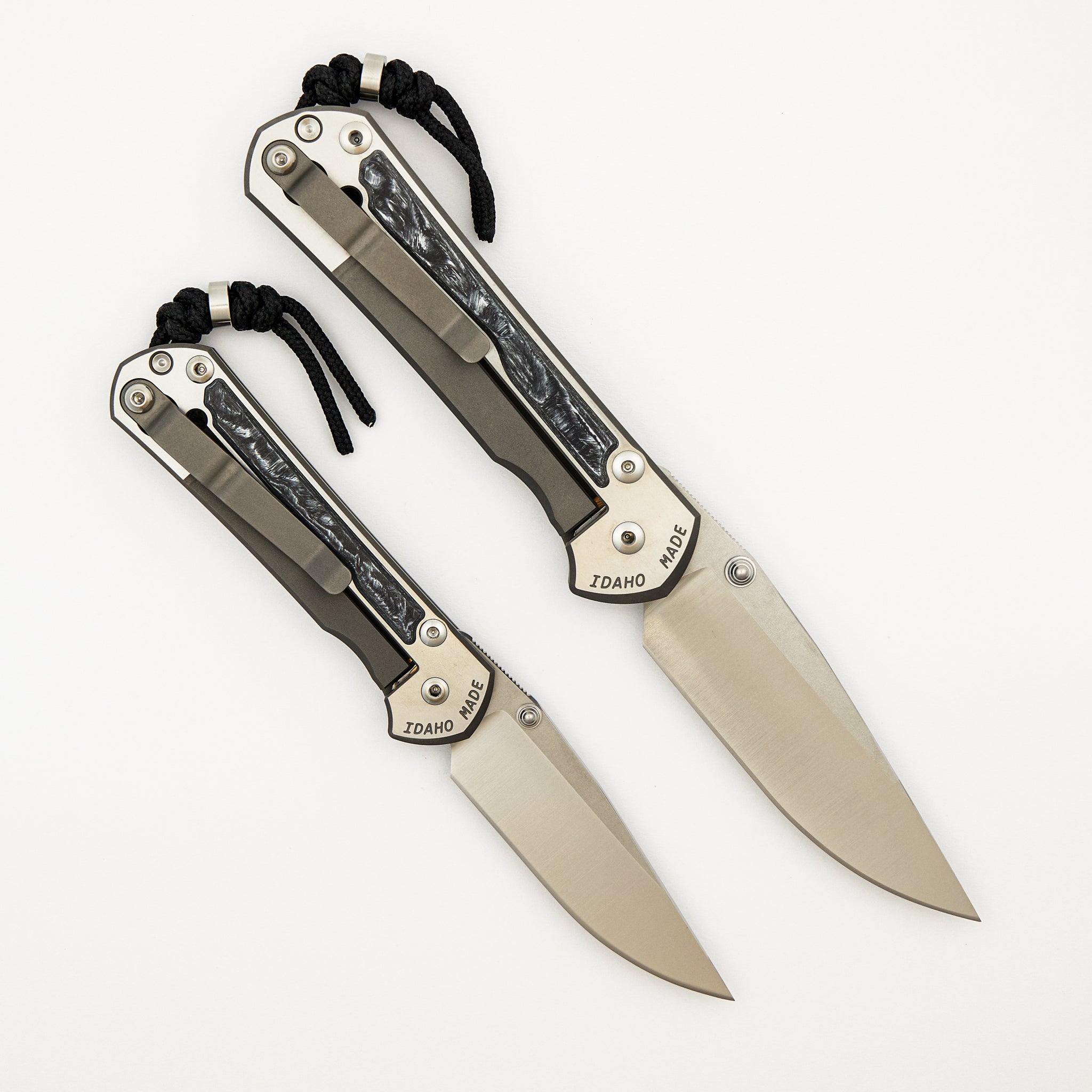 Large & Small Sebenza 31 Numbered Matched Set - White CarboTi Inlay - Polished Drop Point CPM MagnaCut Blade - Silver Double Lugs
