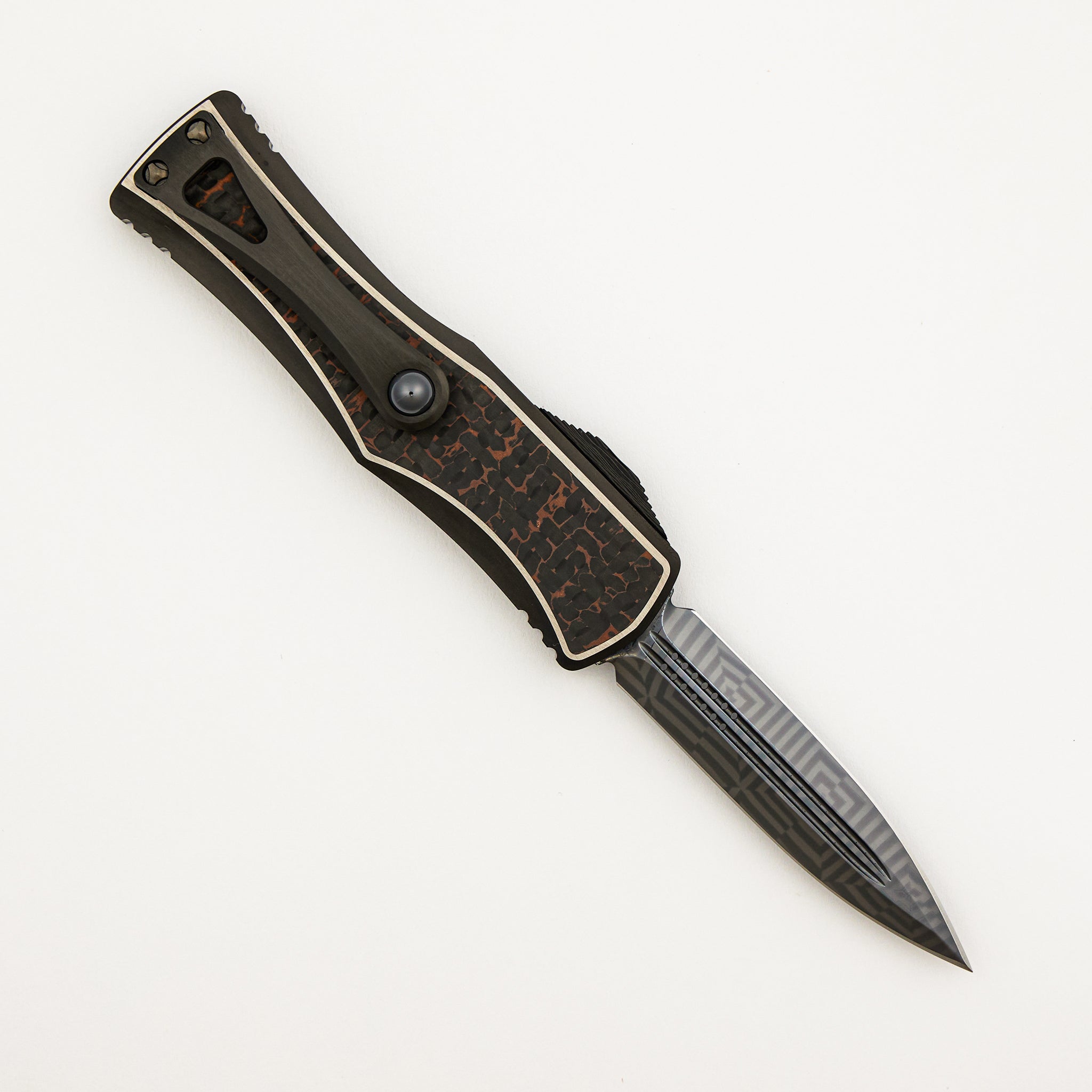 Marfione Custom Knives Hera - D/E Hot Blued Mosaic Blade - DLC Titanium/Snakeskin Copper Fat Carbon - S/N 011