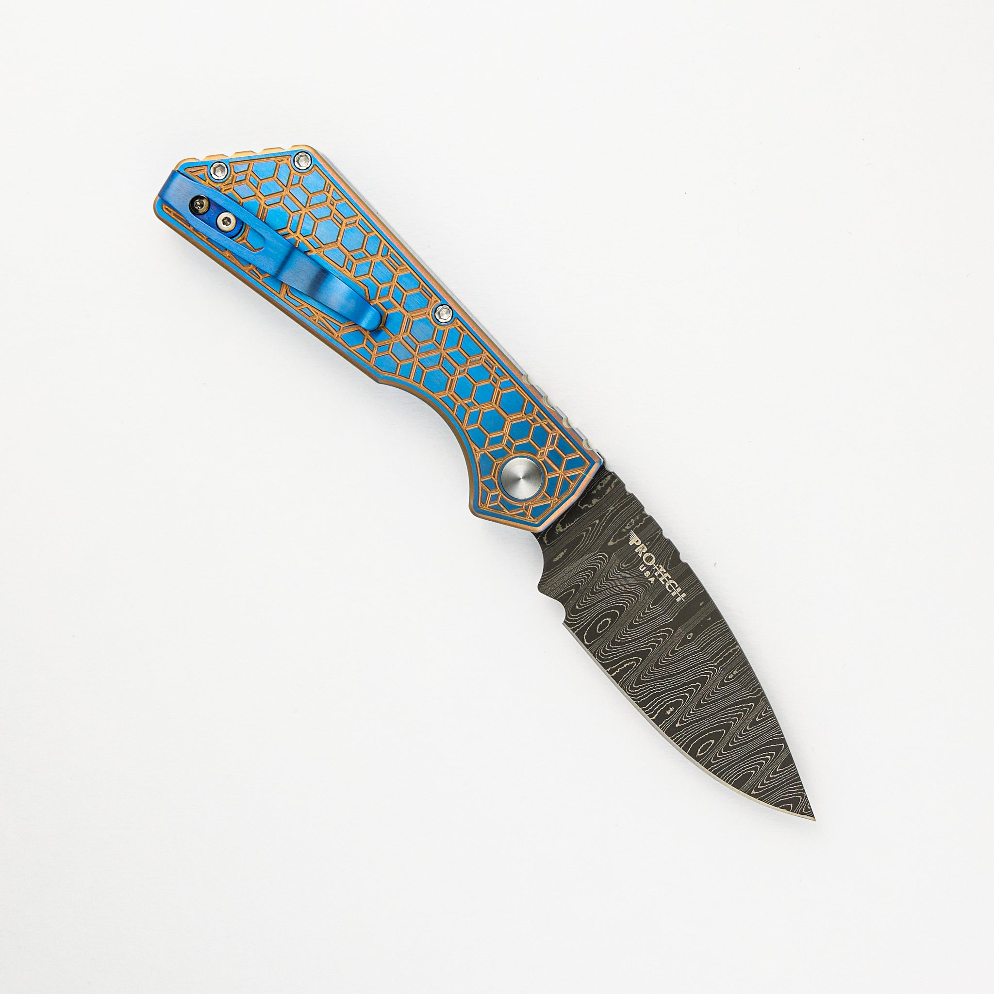 Pro-Tech Knives Strider PT+ Auto Custom 006 - Titanium Blue/Gold "Gridlock" Handle, Abalone Button