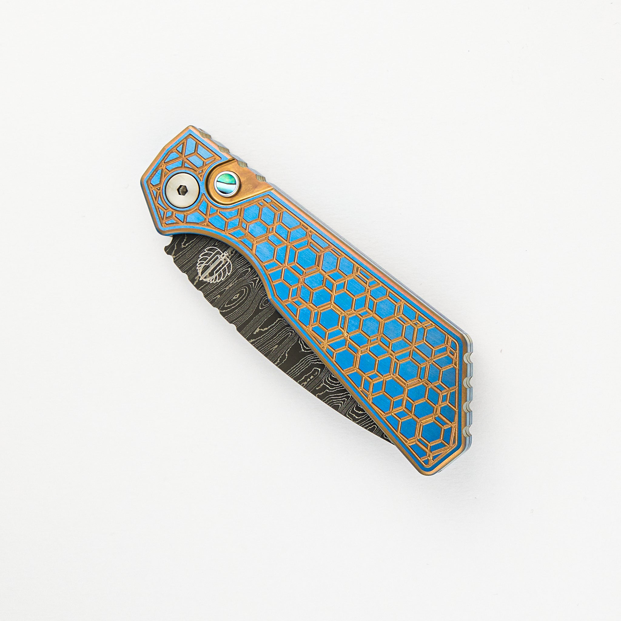 Pro-Tech Knives Strider PT+ Auto Custom 006 - Titanium Blue/Gold "Gridlock" Handle, Abalone Button