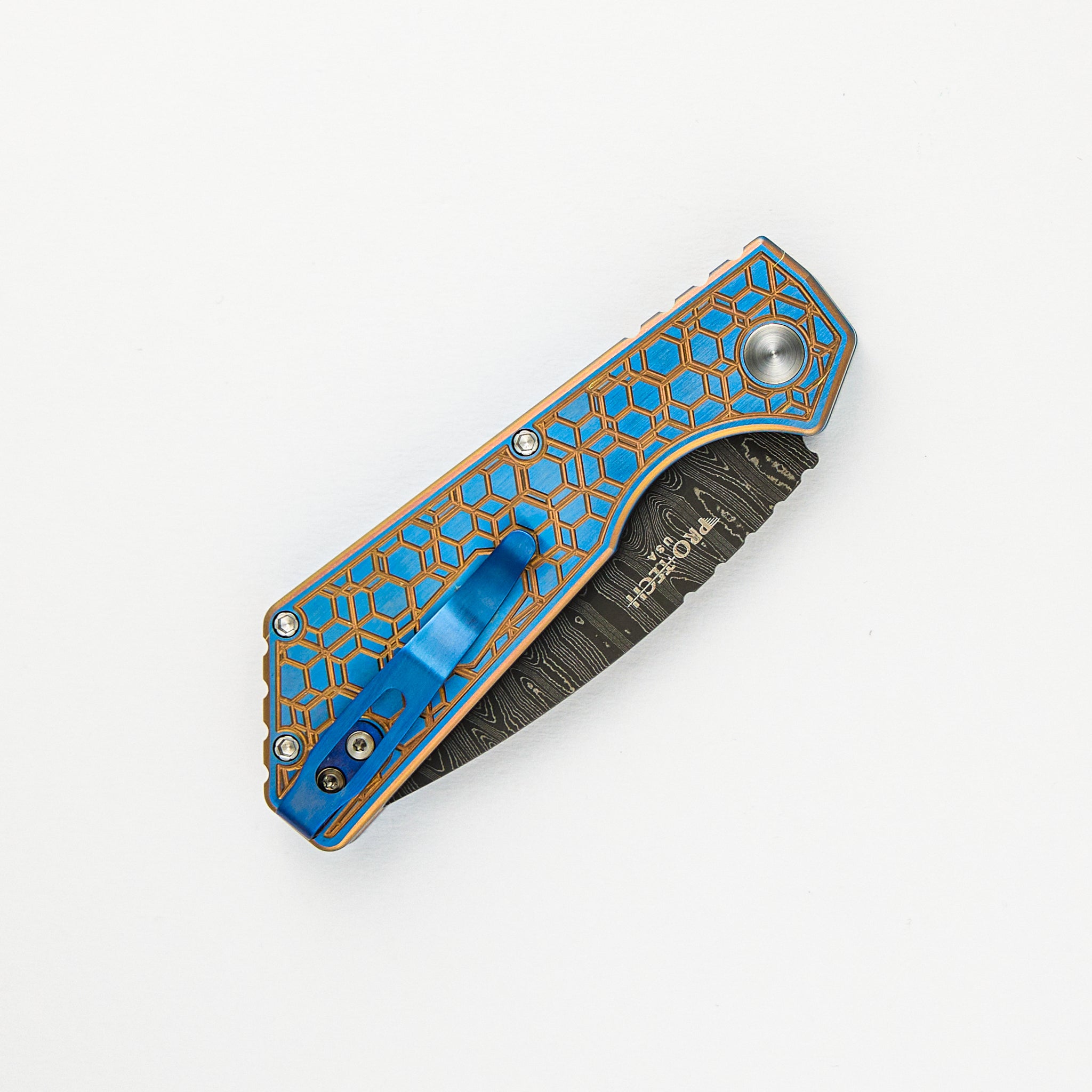 Pro-Tech Knives Strider PT+ Auto Custom 006 - Titanium Blue/Gold "Gridlock" Handle, Abalone Button