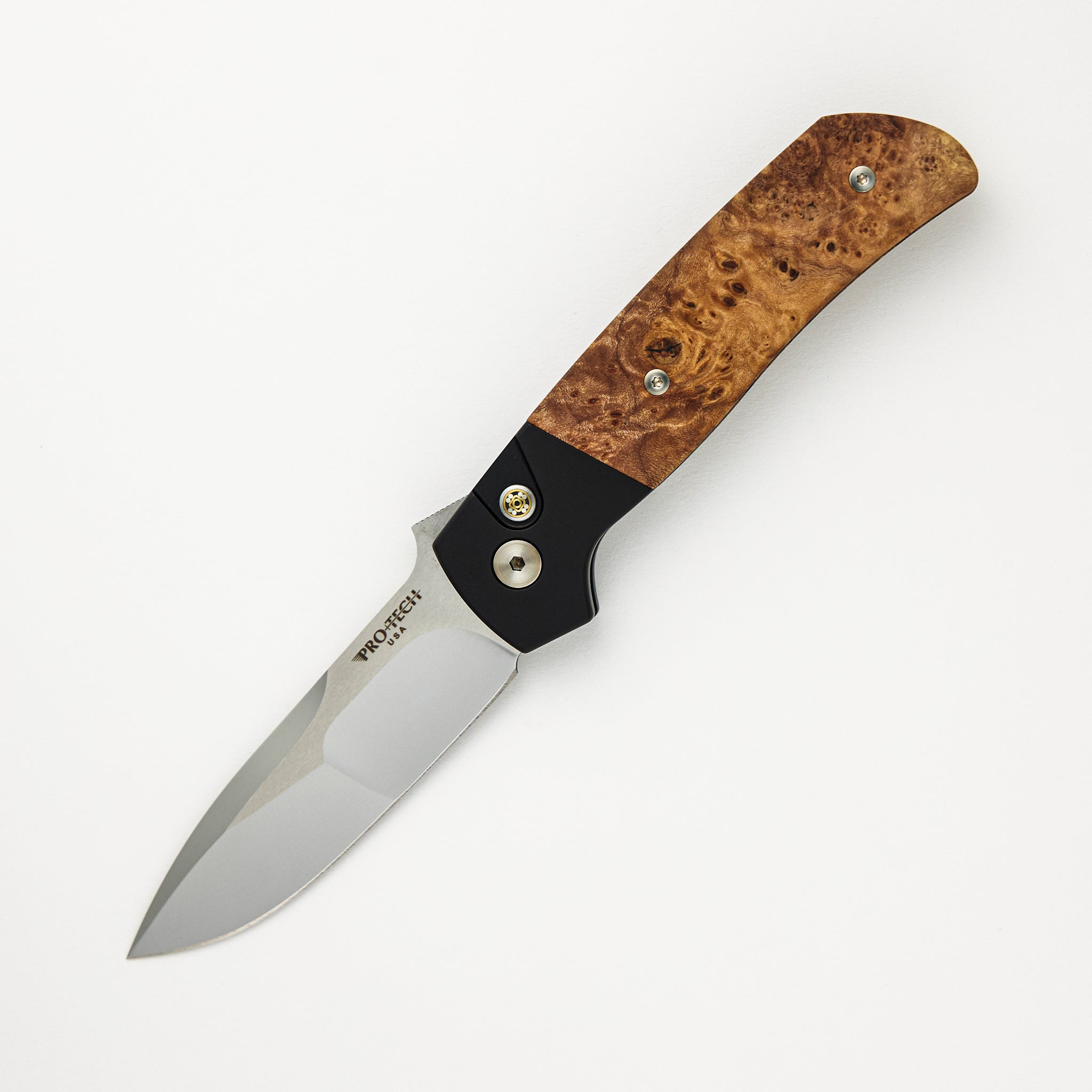 Pro-Tech Knives 2024 ATCF Custom 004 Black Aluminum Handle, Maple Burl Inlays, Mosaic Pin, Mike Irie Blade