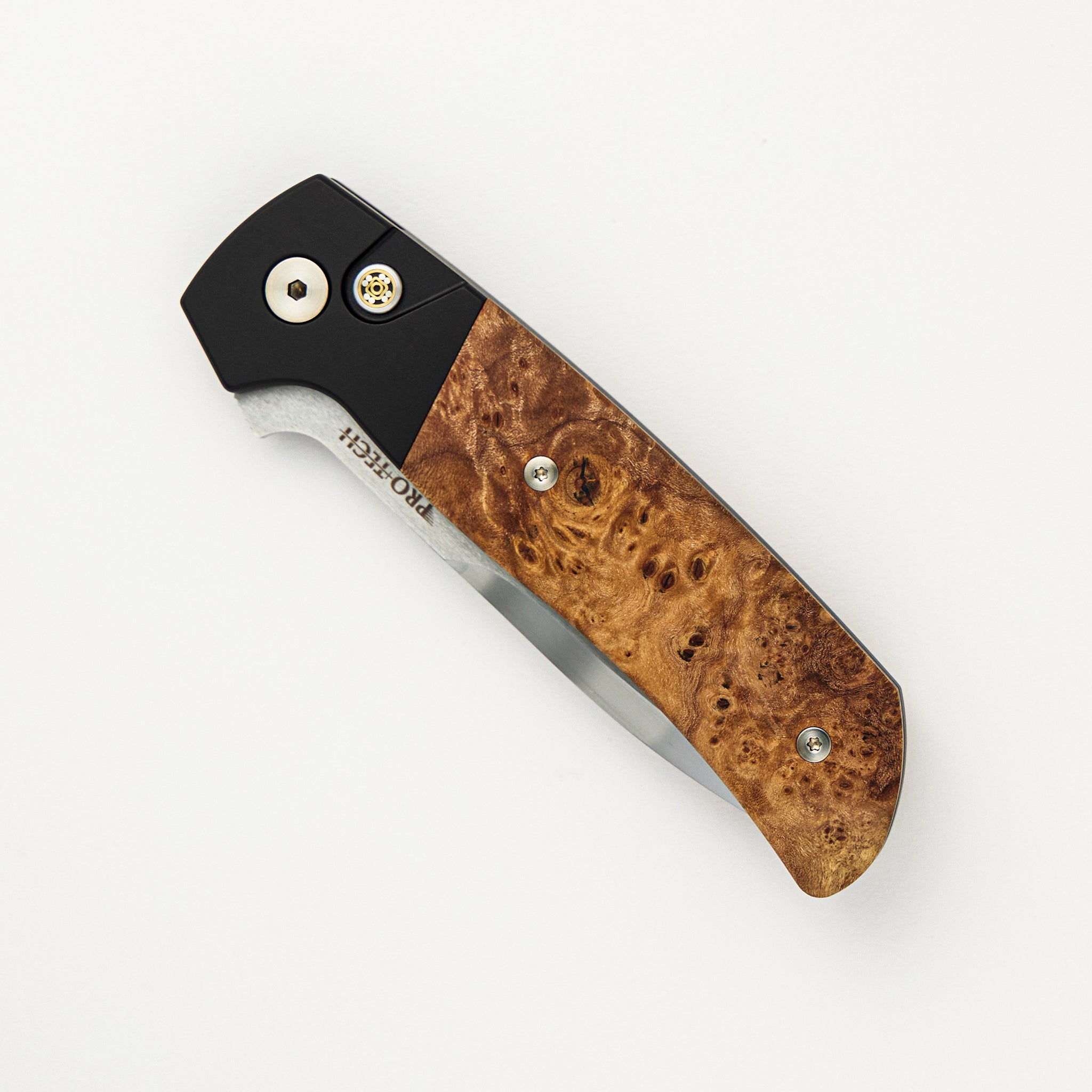 Pro-Tech Knives 2024 ATCF Custom 004 Black Aluminum Handle, Maple Burl Inlays, Mosaic Pin, Mike Irie Blade