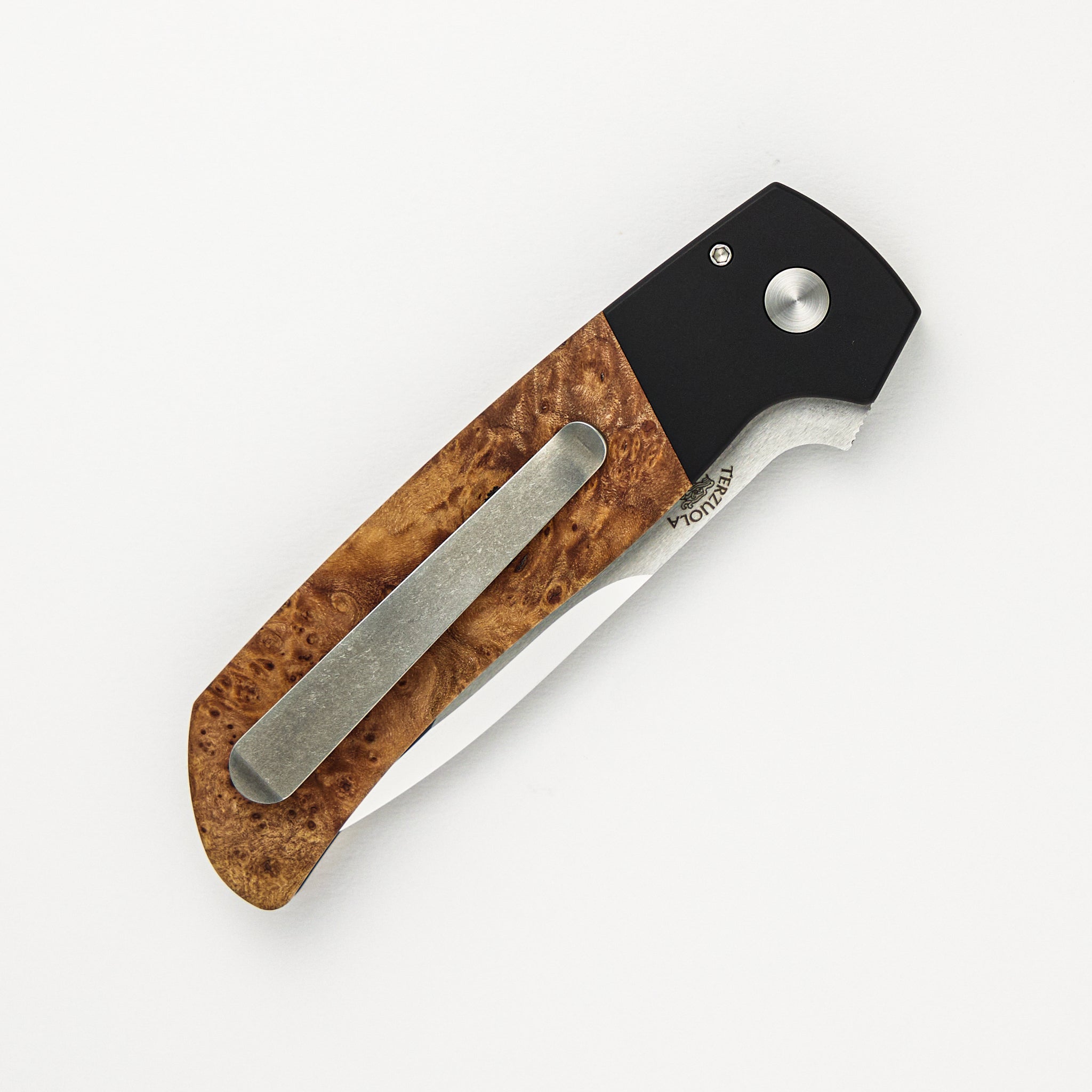 Pro-Tech Knives 2024 ATCF Custom 004 Black Aluminum Handle, Maple Burl Inlays, Mosaic Pin, Mike Irie Blade