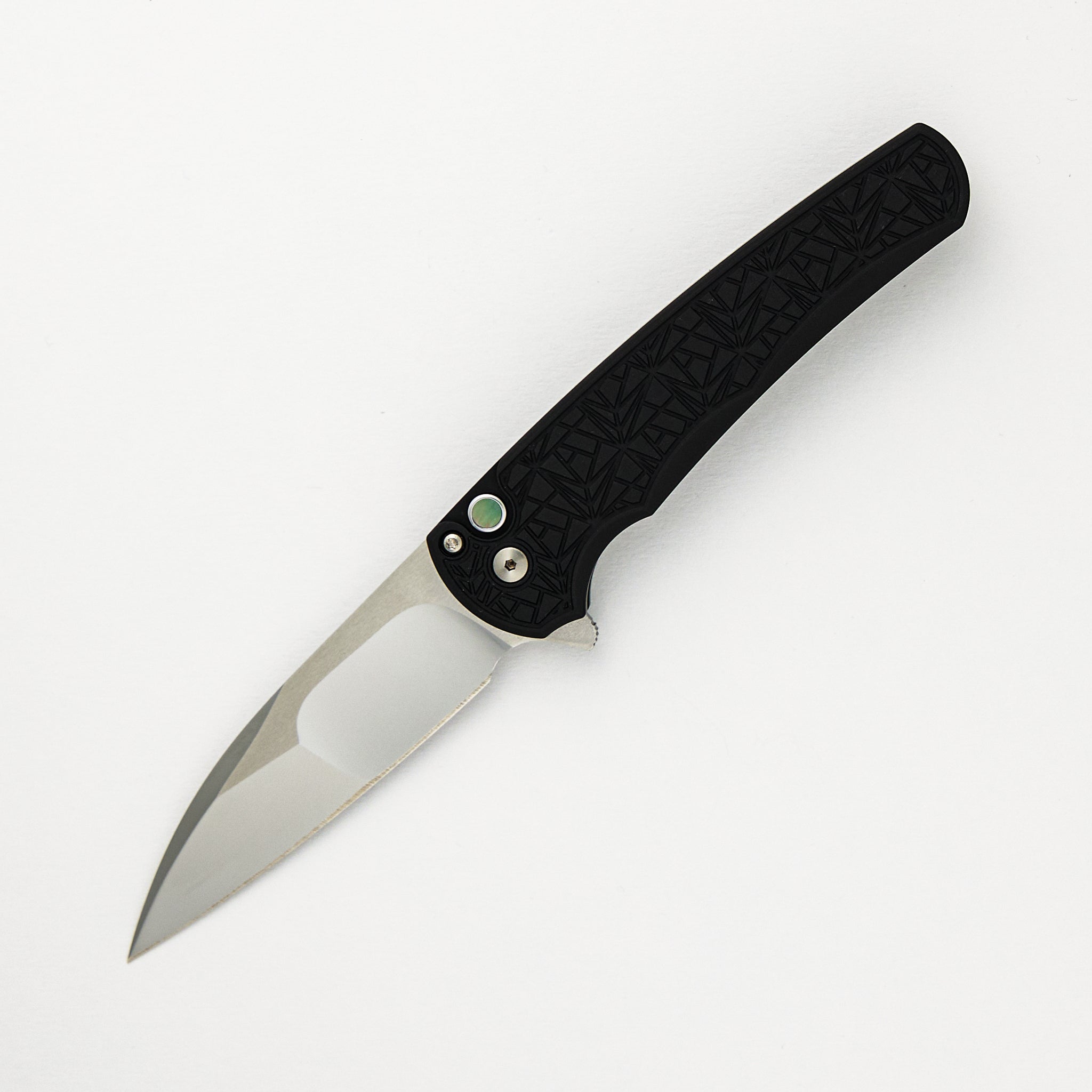 Pro-Tech Knives Malibu Flipper Custom 001 - Black Aluminum "Nexus" Handle, Irie Ground Wharncliffe Blade, Black Lip Pearl Button