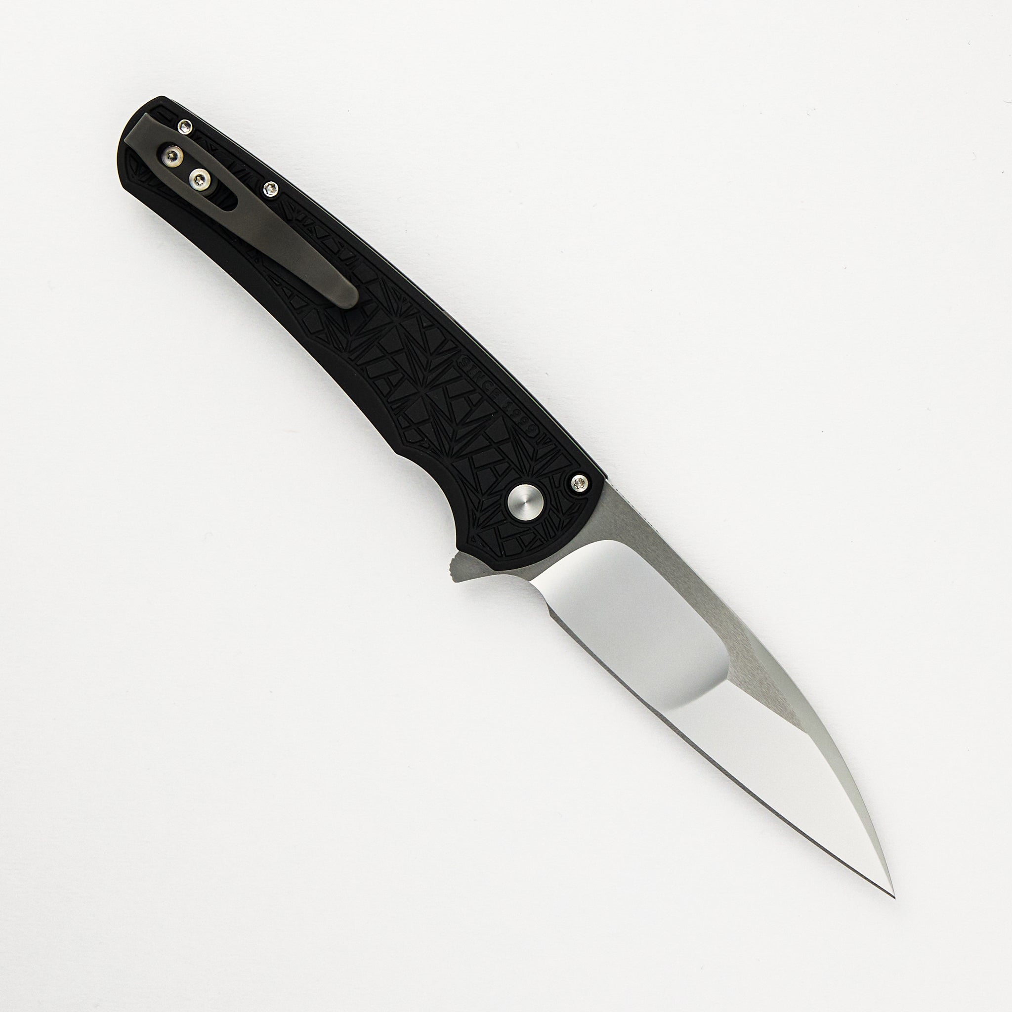 Pro-Tech Knives Malibu Flipper Custom 001 - Black Aluminum "Nexus" Handle, Irie Ground Wharncliffe Blade, Black Lip Pearl Button