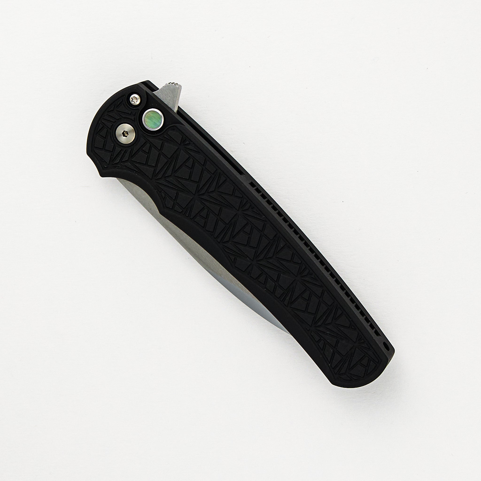 Pro-Tech Knives Malibu Flipper Custom 001 - Black Aluminum "Nexus" Handle, Irie Ground Wharncliffe Blade, Black Lip Pearl Button