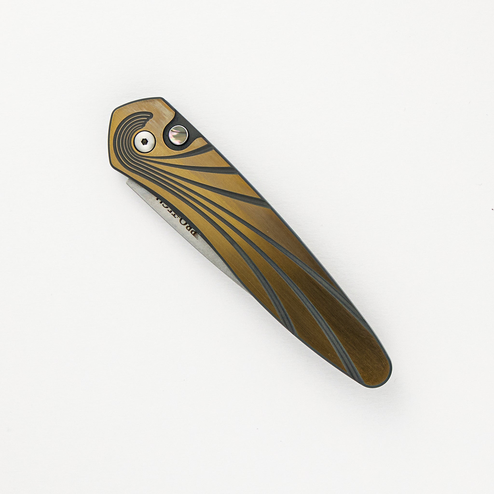 Pro-Tech Knives Newport - Custom 002 - Green/Bronze Ti Wave Handle, Stonewash S35VN Blade, Abalone Button