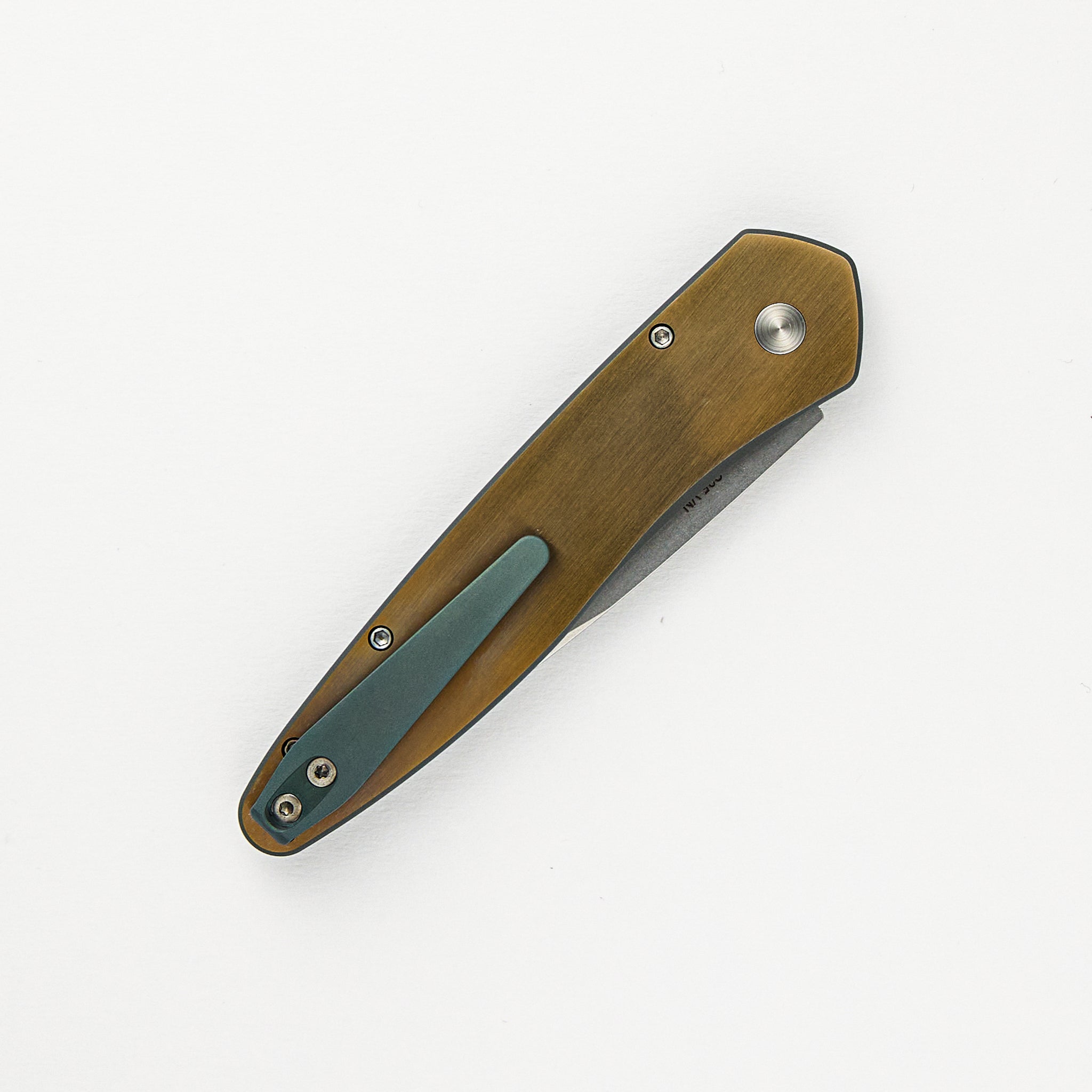 Pro-Tech Knives Newport - Custom 002 - Green/Bronze Ti Wave Handle, Stonewash S35VN Blade, Abalone Button