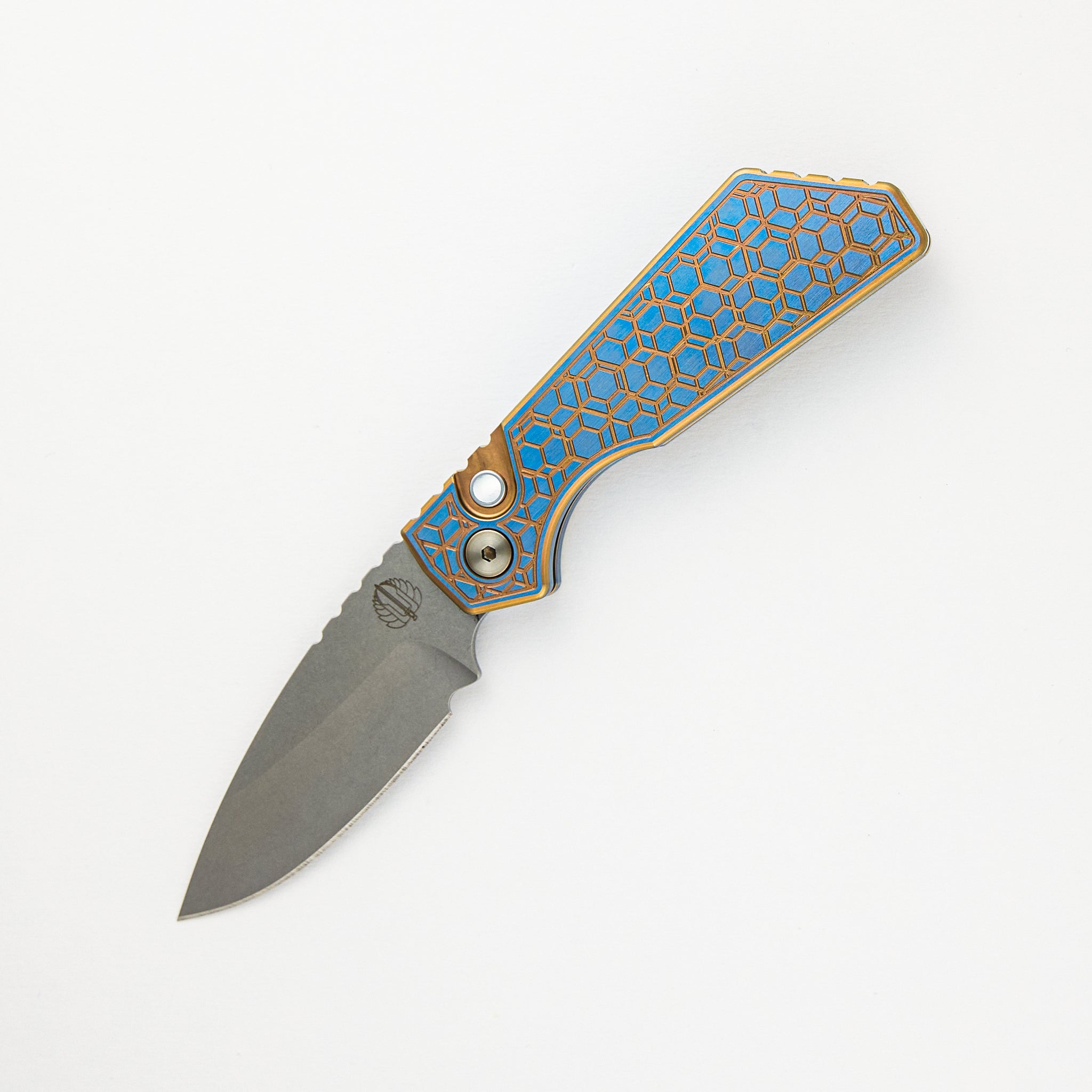 Pro-Tech Knives Strider PT+ Auto Custom 007 - Titanium Blue/Gold "Gridlock" Handle, Stonewash MagnaCut Blade, Abalone Button