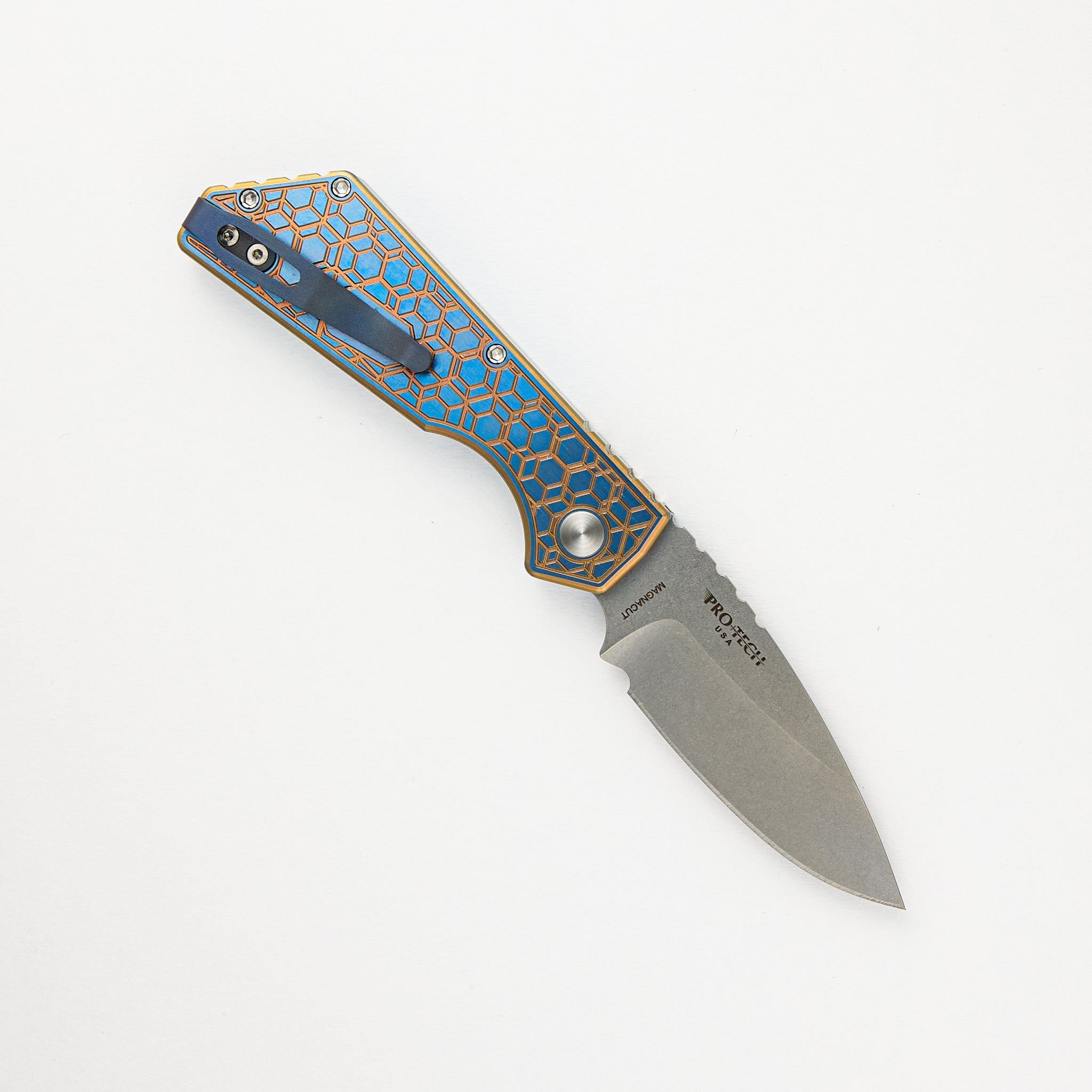 Pro-Tech Knives Strider PT+ Auto Custom 007 - Titanium Blue/Gold "Gridlock" Handle, Stonewash MagnaCut Blade, Abalone Button