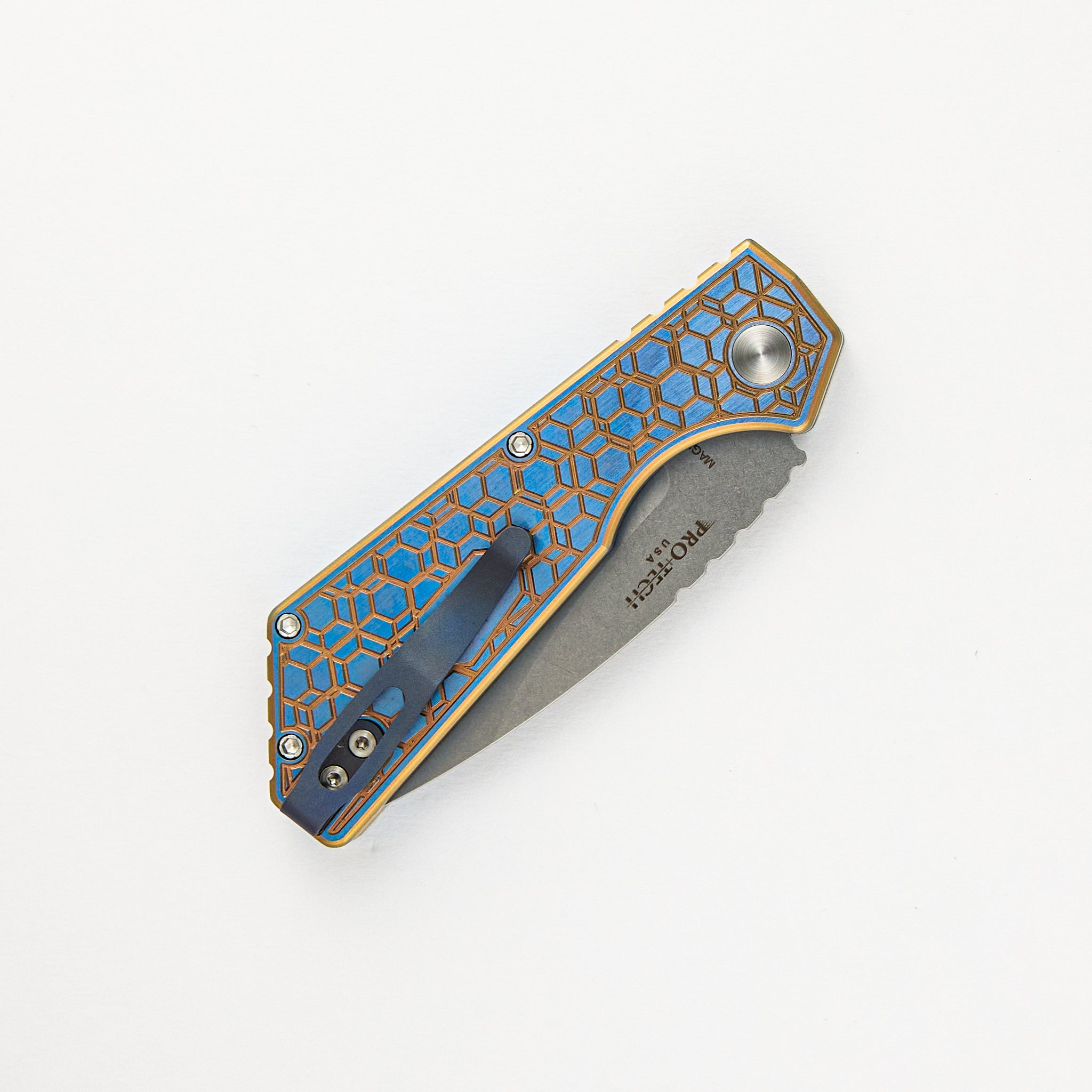 Pro-Tech Knives Strider PT+ Auto Custom 007 - Titanium Blue/Gold "Gridlock" Handle, Stonewash MagnaCut Blade, Abalone Button