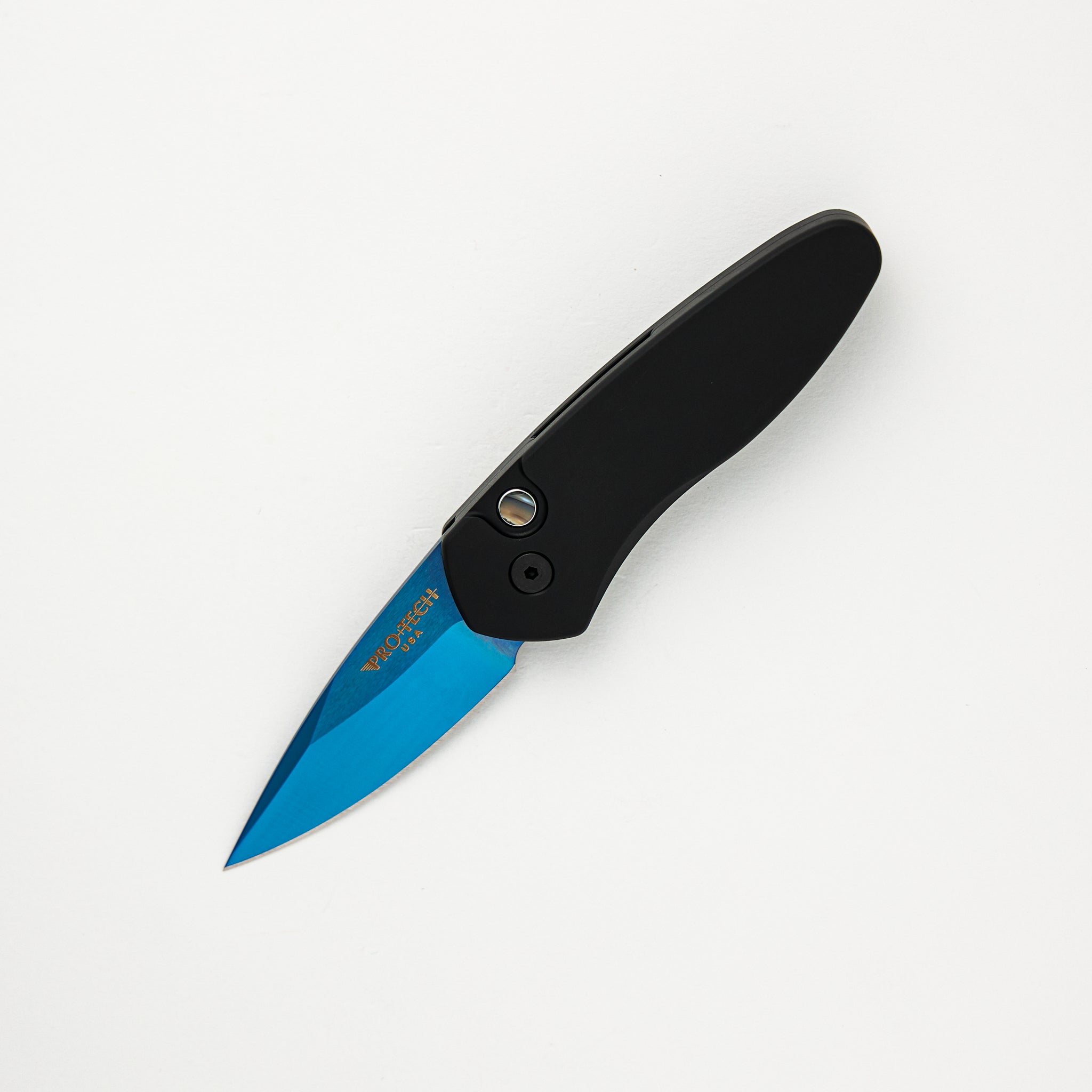 Pro-Tech Knives Sprint - 2907-SB - Black Handle - Abalone Button - Sapphire Blue S35VN Blade