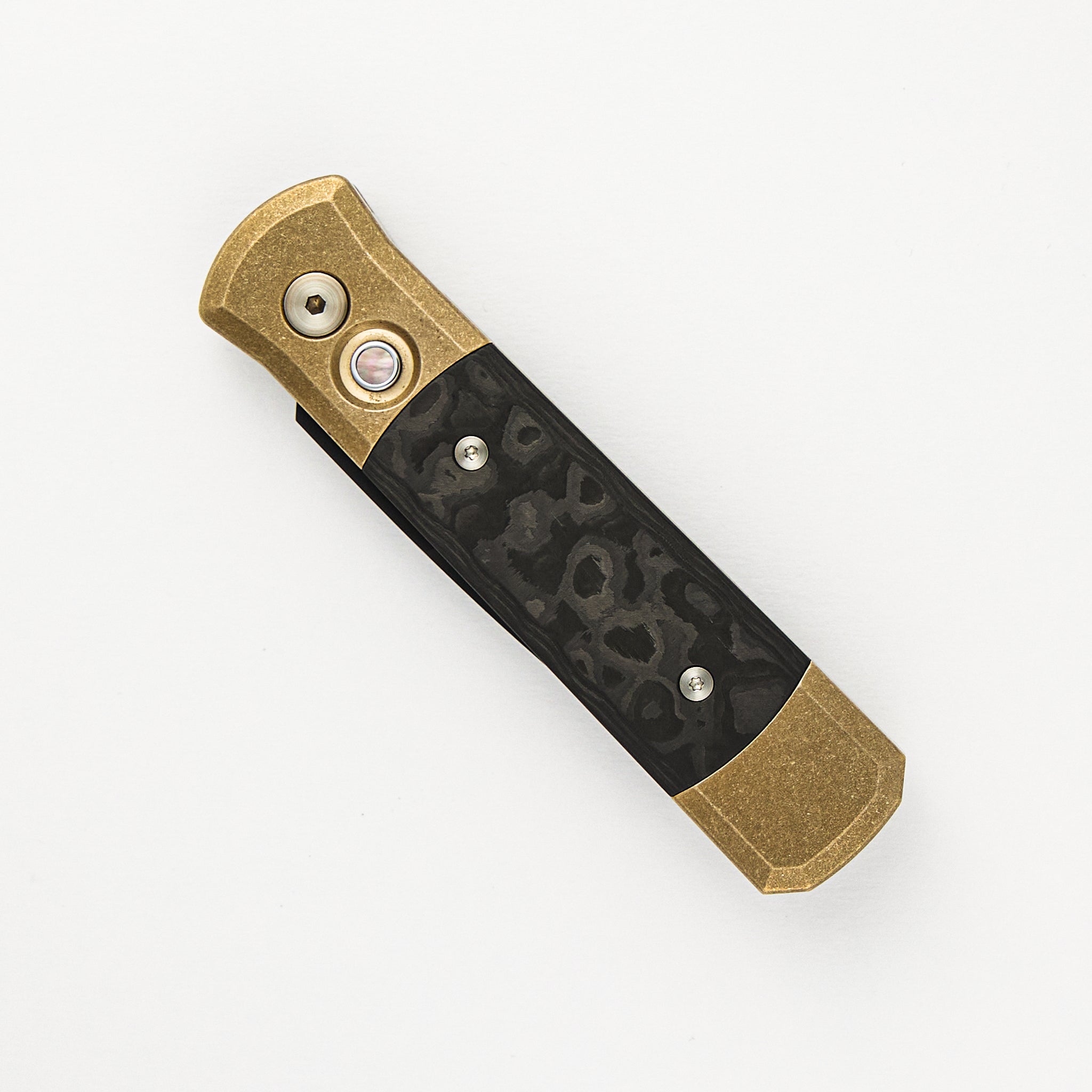 Pro-Tech Knives Godson Ltd. - AL Bronze Handle W/ Fat Carbon "Camo" Inlays, Black Pearl Button, DLC Blade 7115-CAMO