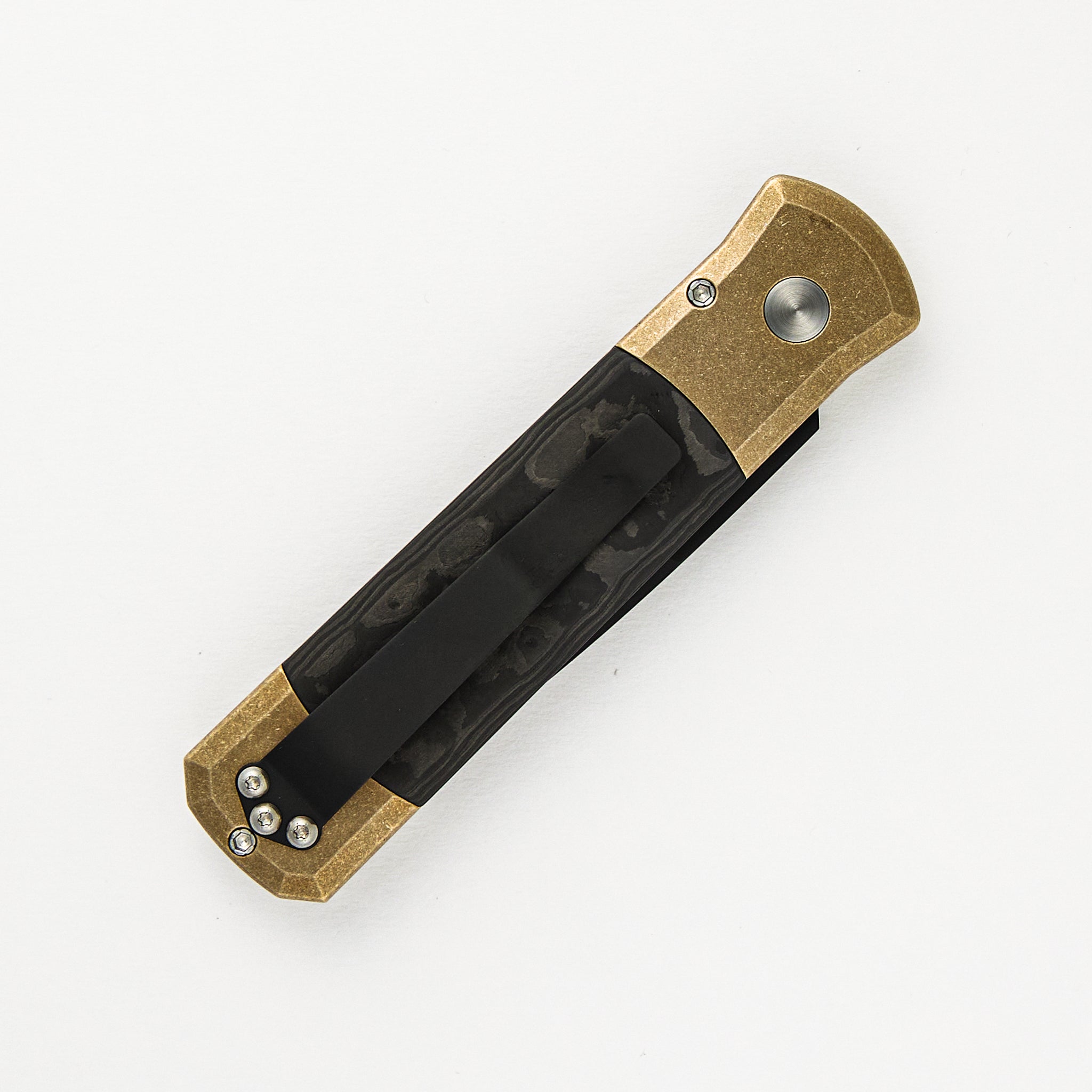 Pro-Tech Knives Godson Ltd. - AL Bronze Handle W/ Fat Carbon "Camo" Inlays, Black Pearl Button, DLC Blade 7115-CAMO