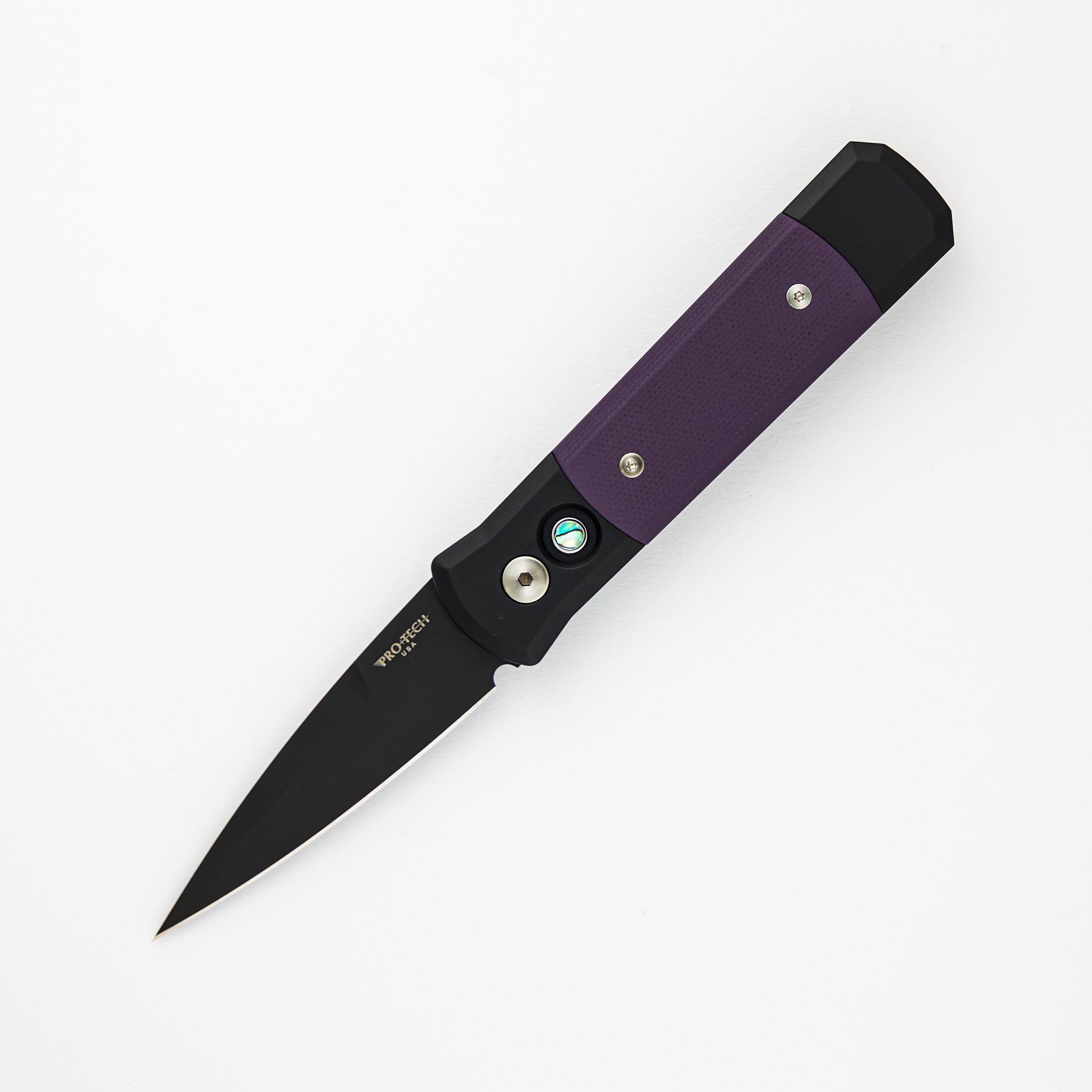 Pro-Tech Knives Godson – Black Handle / Purple G10 Inlays – Black DLC 154CM Blade Abalone button 715-PURPLE