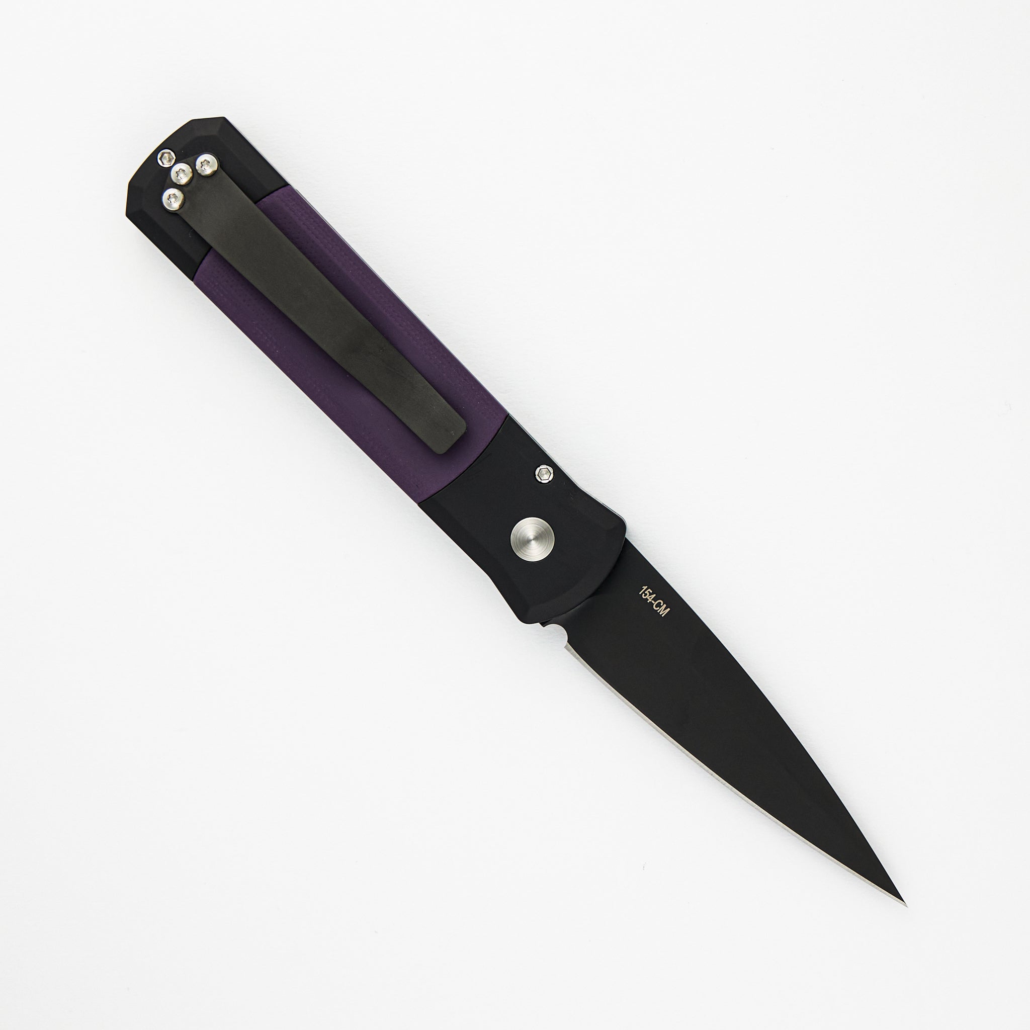 Pro-Tech Knives Godson – Black Handle / Purple G10 Inlays – Black DLC 154CM Blade Abalone button 715-PURPLE