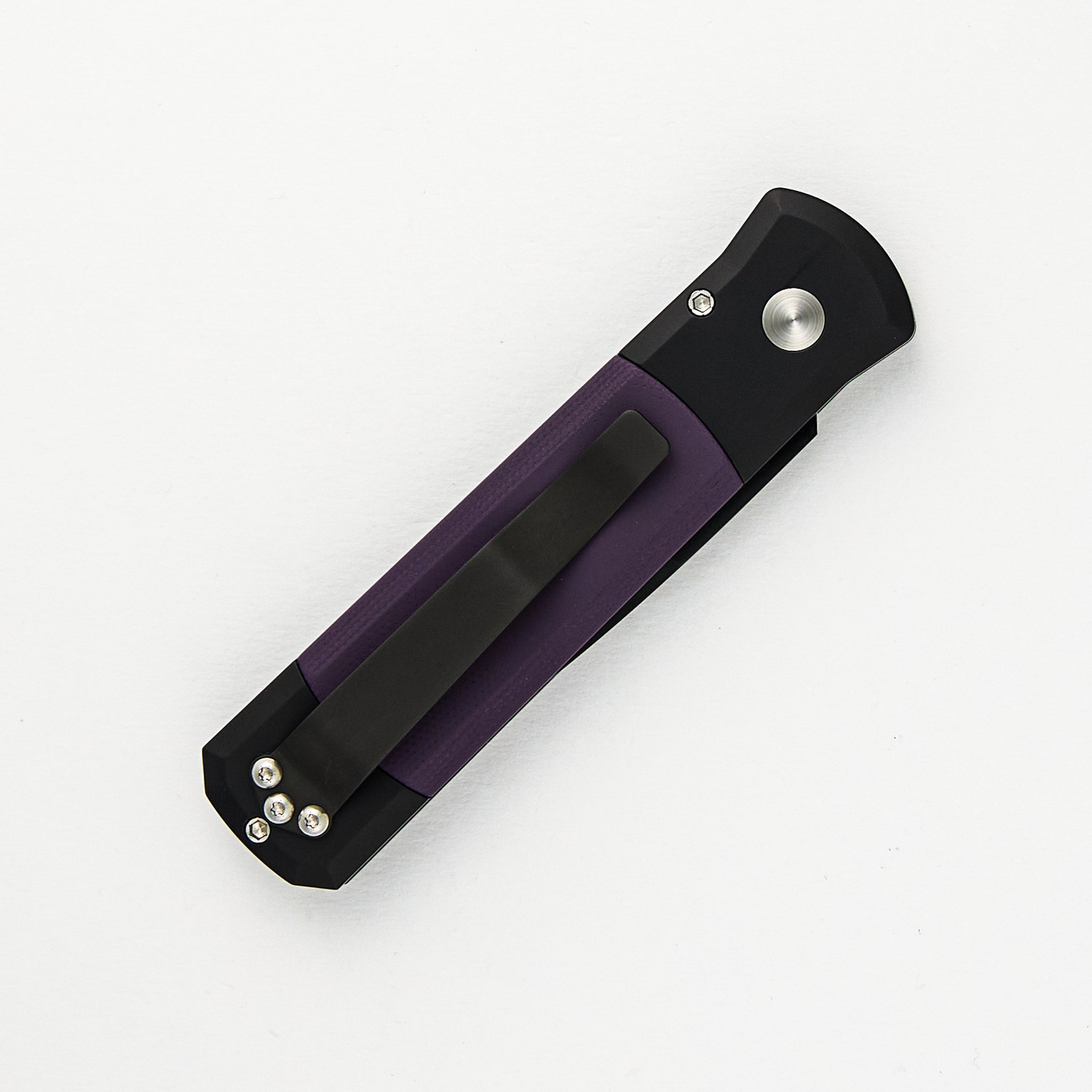 Pro-Tech Knives Godson – Black Handle / Purple G10 Inlays – Black DLC 154CM Blade Abalone button 715-PURPLE