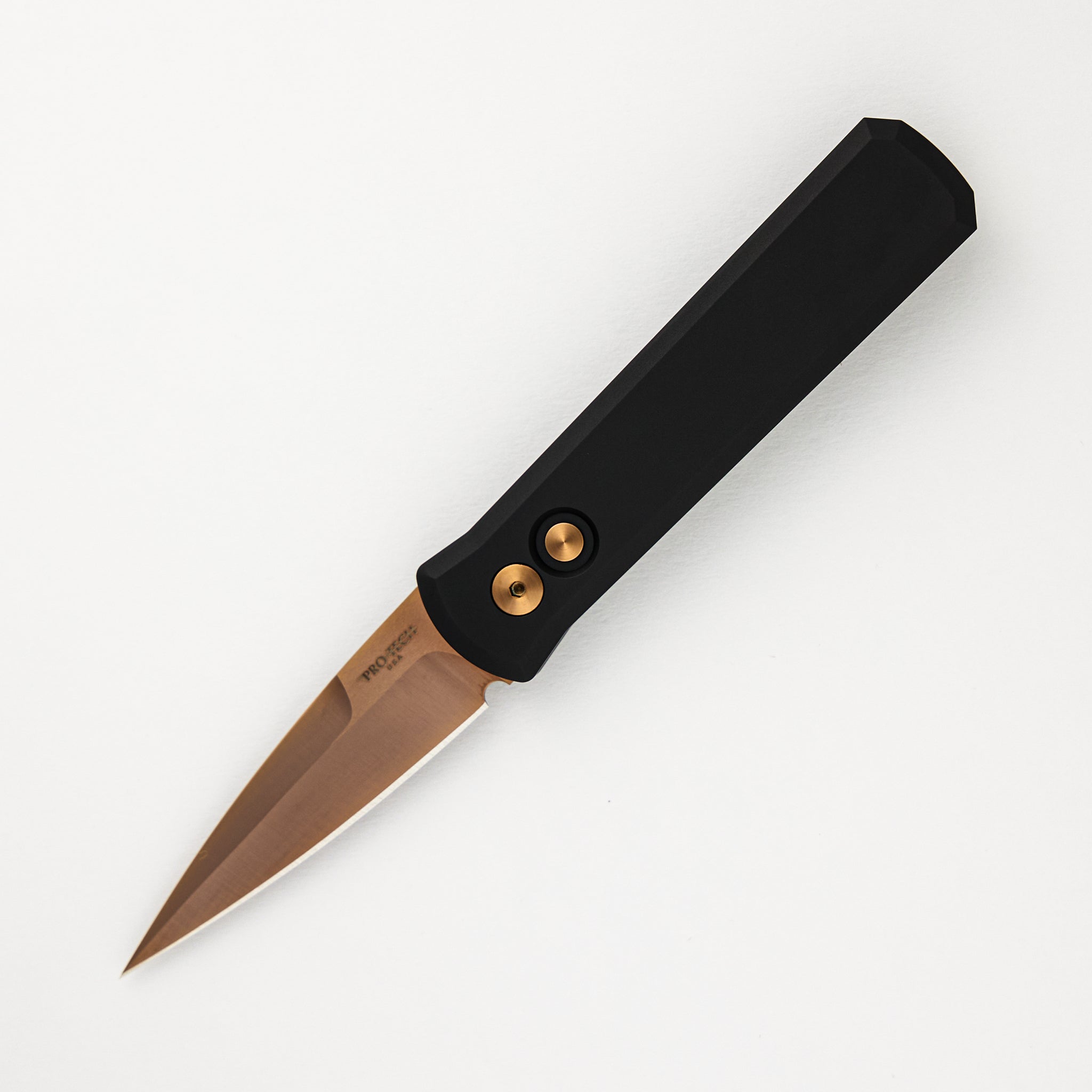 Pro-Tech Knives Godson – Solid Black Handle – Rose Gold 154CM Blade 721-RG