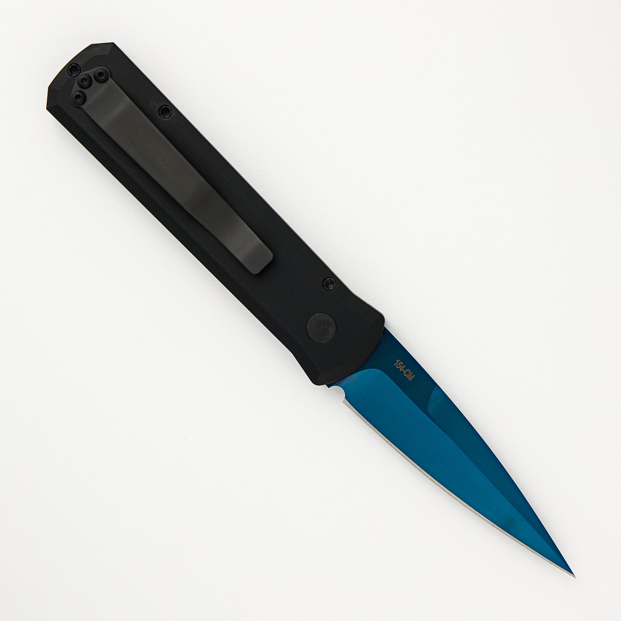 Pro-Tech Knives Godson – Solid Black Handle – Satin Sapphire Blue Blade – Abalone Button – All Black Hardware 721-SB