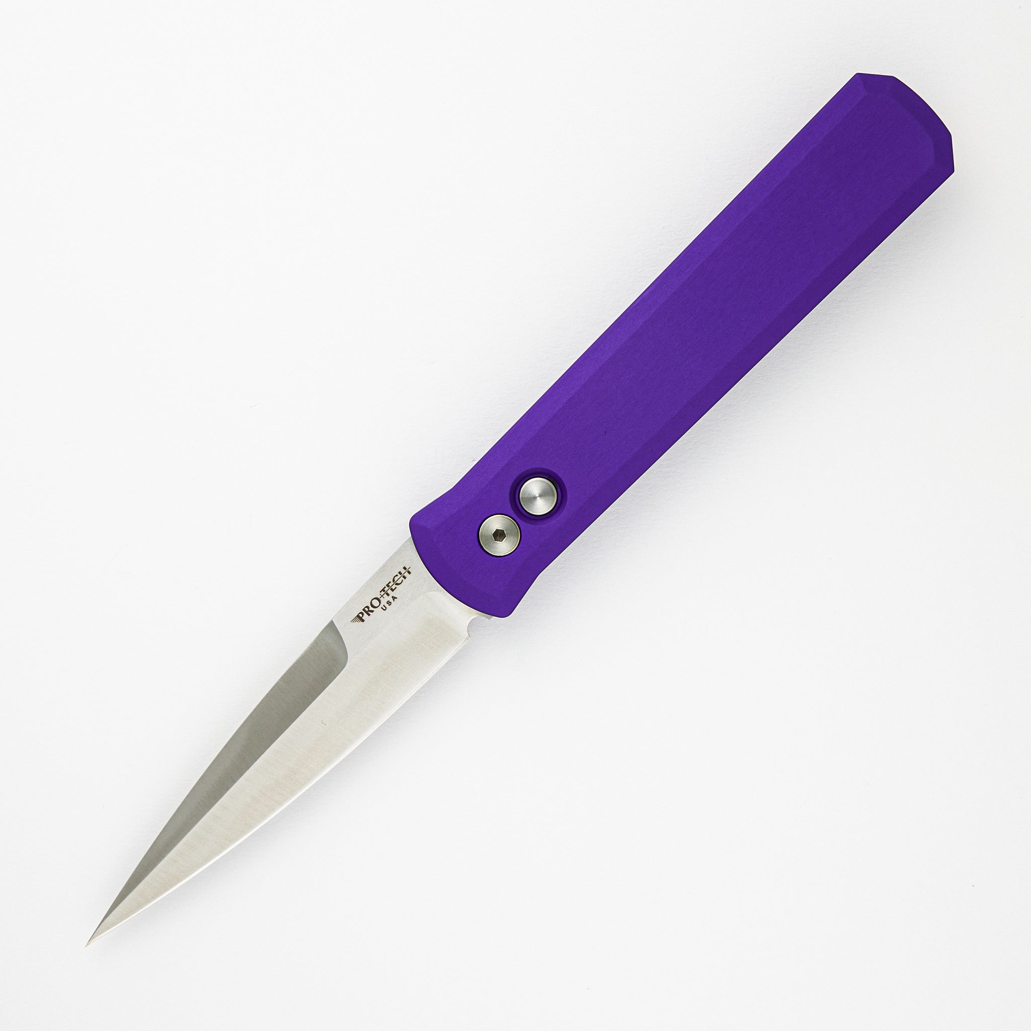 Pro-Tech Knives GODFATHER – Solid Purple Handle – Satin 154CM Plain Edge Blade 921-PURP