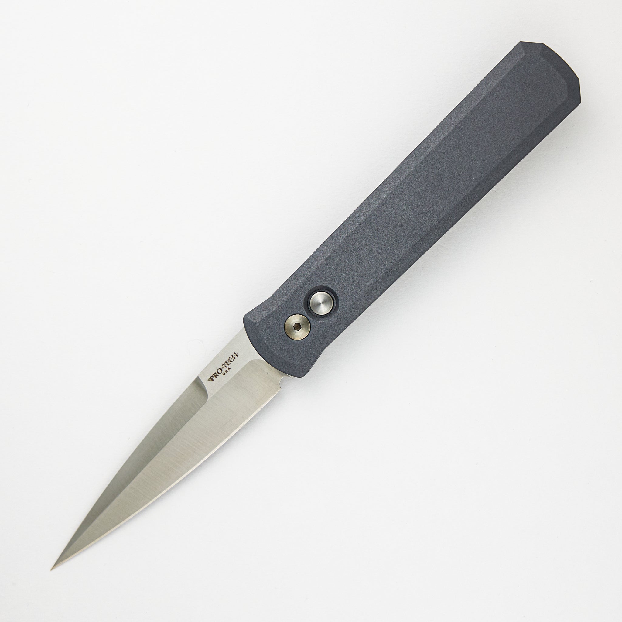 Pro-Tech Knives GODFATHER – Solid Special Grey Handle – Satin 154CM Plain Edge Blade 921-Satin-Grey