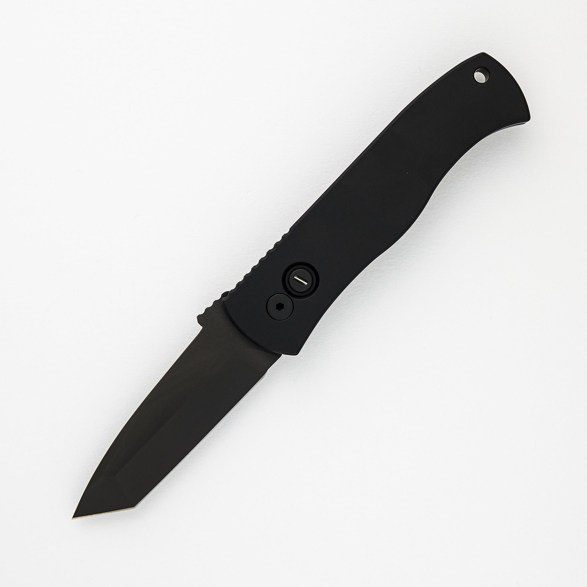 Pro-Tech Knives Emerson CQC7 Tanto Auto Operator – Black Aluminum Handle – Black DLC Blade – Tritium Button