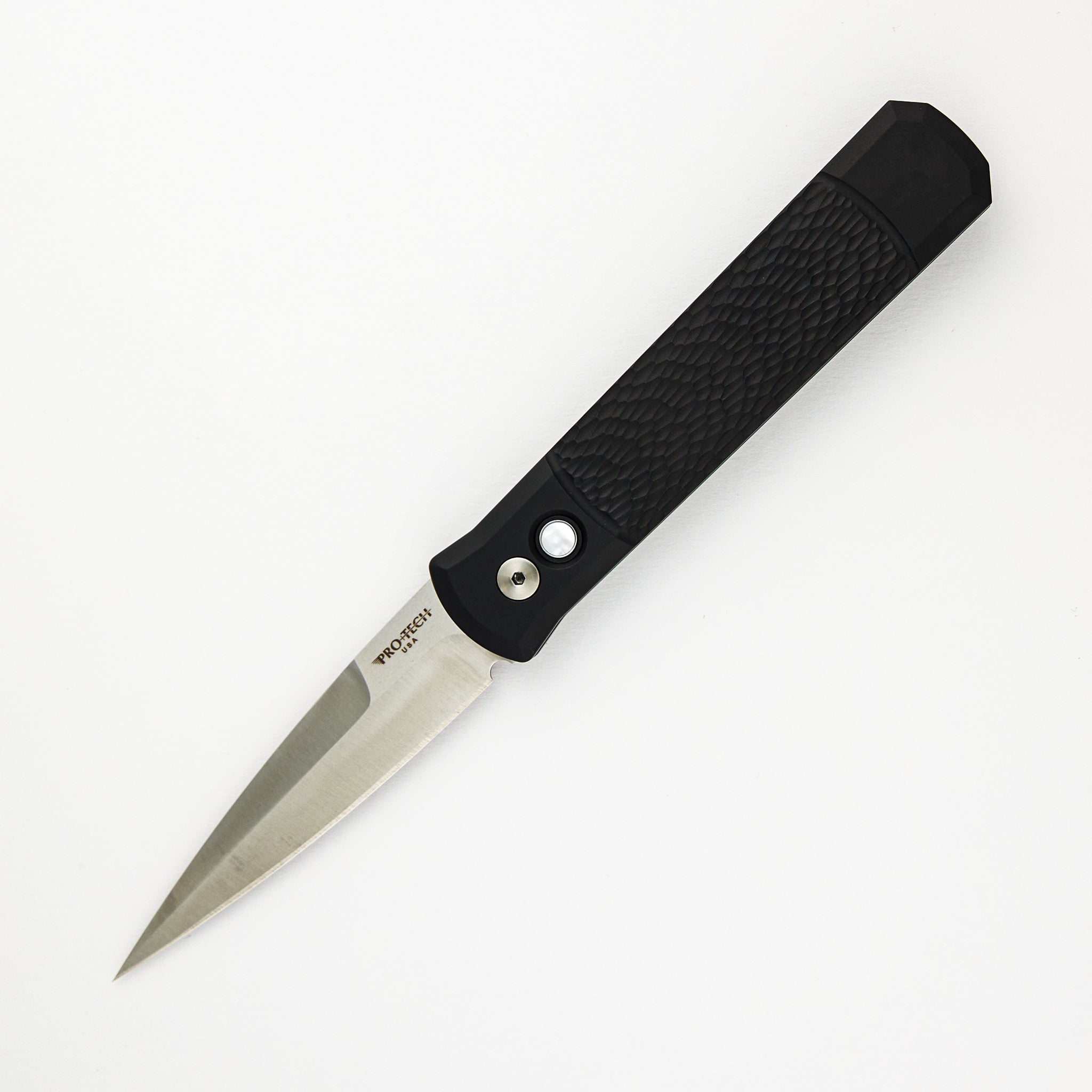 Pro-Tech Knives GODFATHER – Black Jigged Handle - Satin Blade - Pearl Button 925-Ltd.
