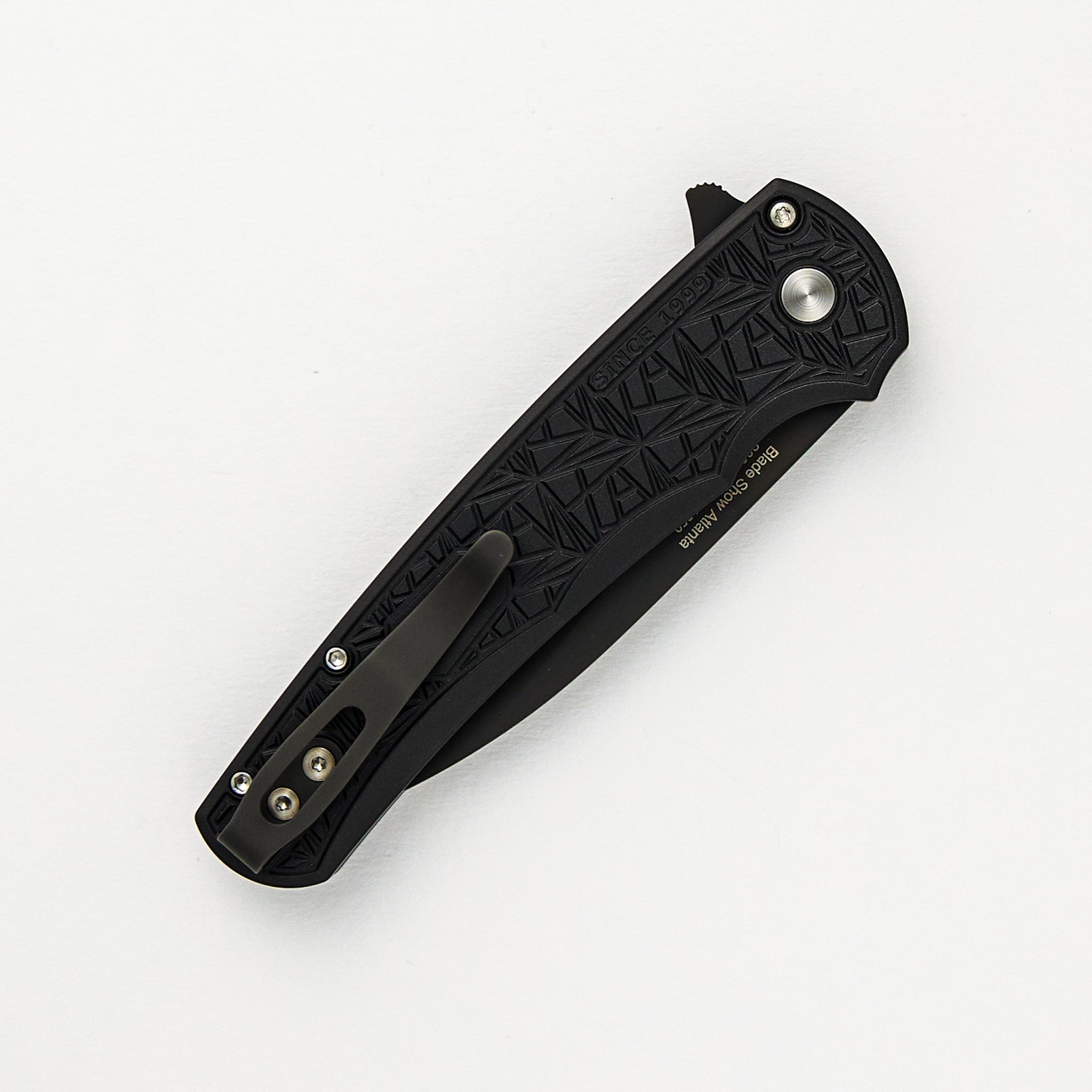 Pro-Tech Knives Malibu Flipper - Blade Show ATL 2024 - Black Handle W/ Nexus/Since 1999 Texture, MOP Button, DLC MagnaCut Wharncliffe Blade