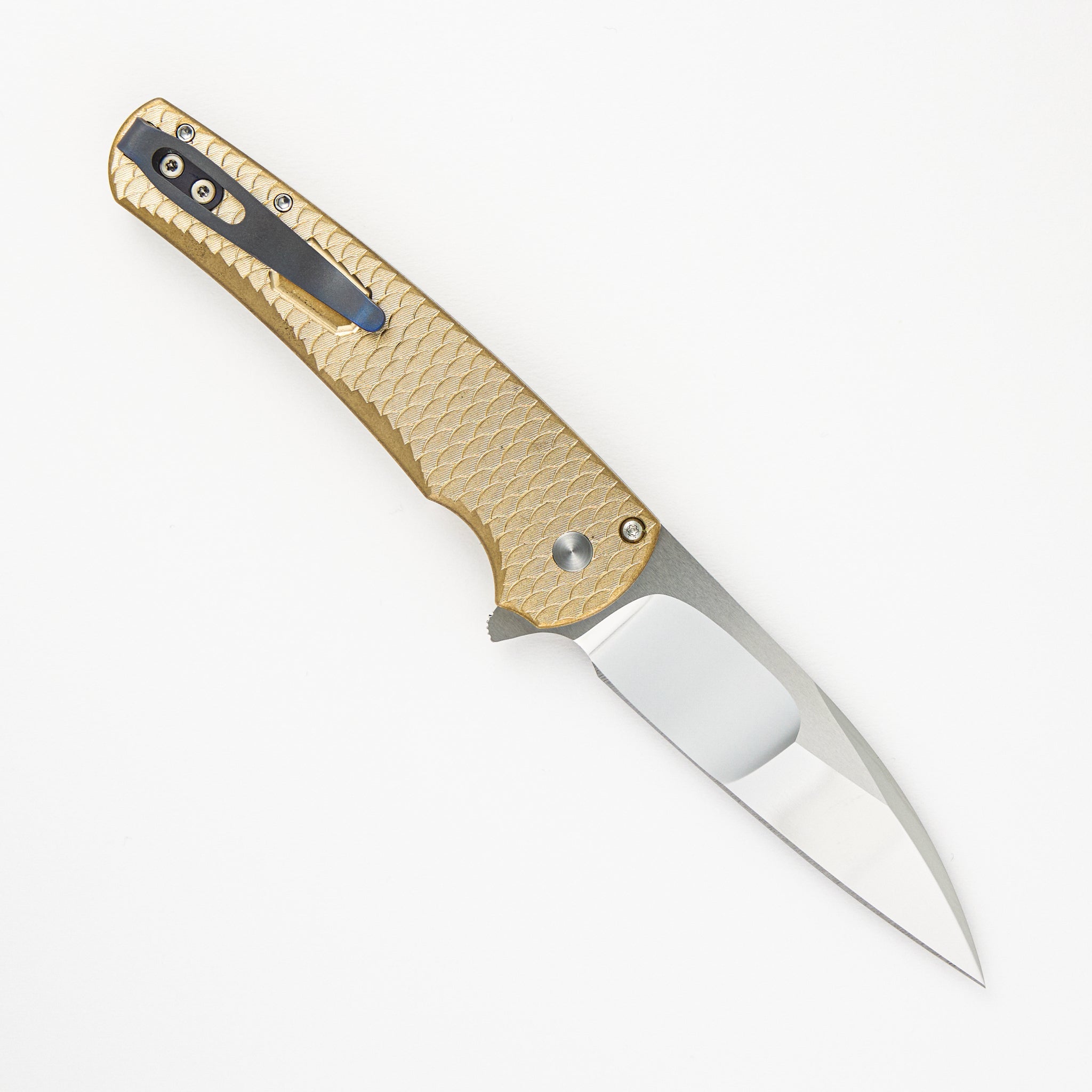 Pro-Tech Knives 2023 Malibu Custom 018 AL Bronze Dragonscale Handle Mike Irie Compound Mirror Ground Wharncliffe Blade Abalone Button