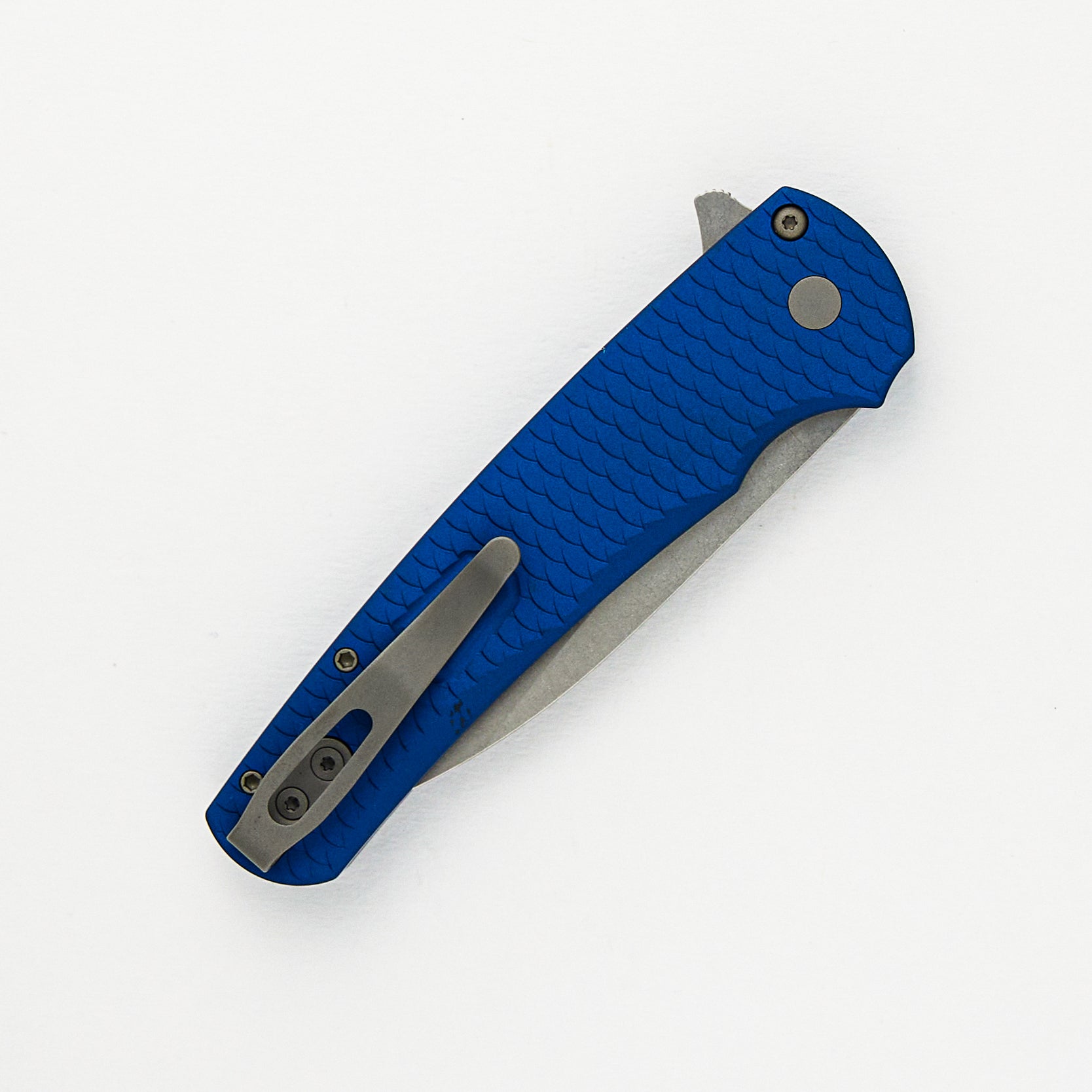 Pro-Tech Knives Malibu Flipper – Blue "Dragon Scale" Aluminum Handle – Stonewash Wharncliffe MagnaCut Blade 5335-BLUE