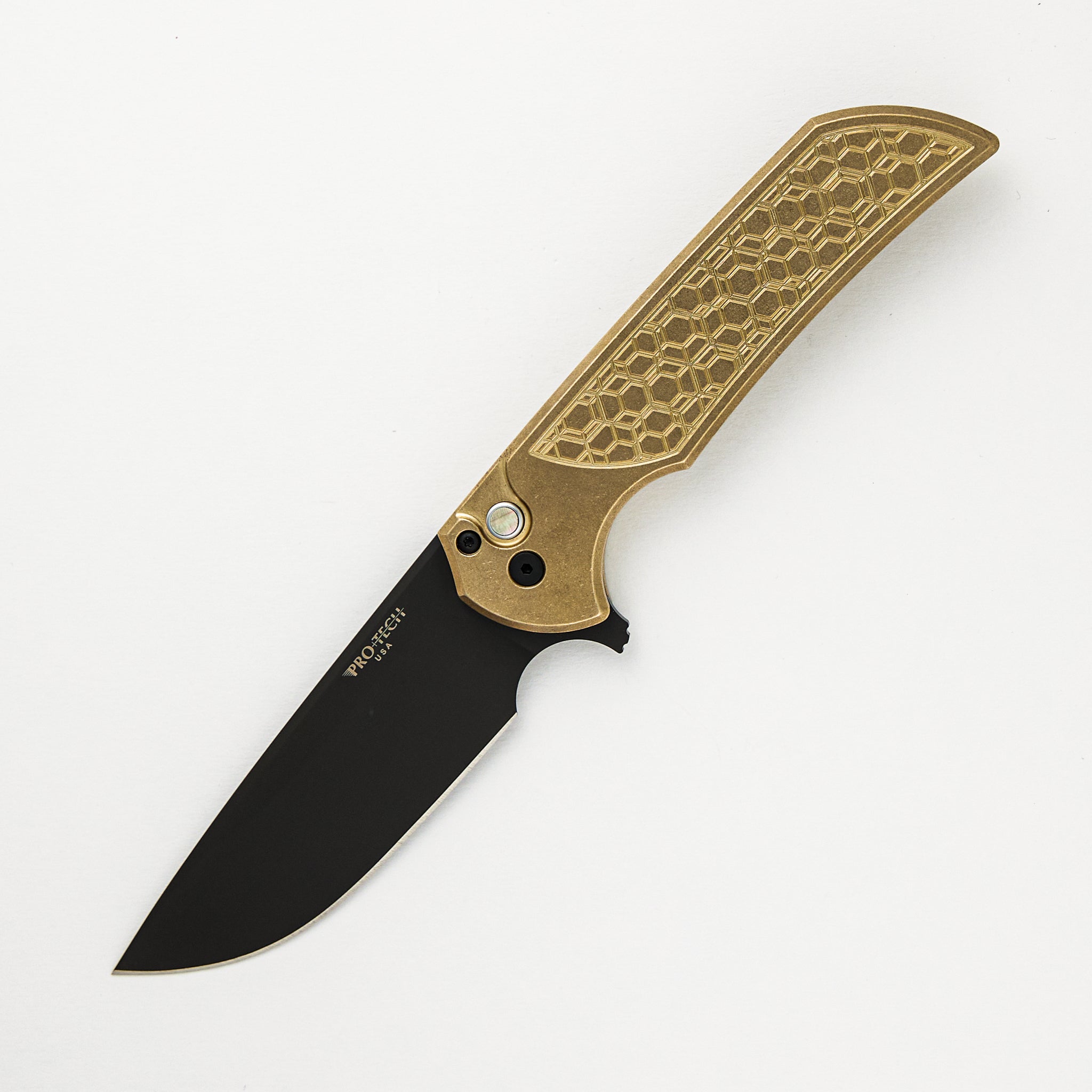 Pro-Tech Knives Mordax - Blade Show ATL 2024 - Stonewash AL Bronze "Gridlock" Handle, DLC MagnaCut Blade, Black Lip Pearl Button