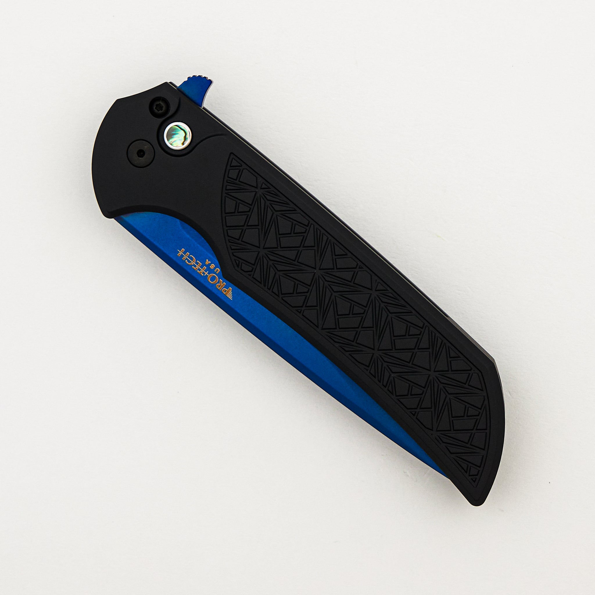 Mordax - MX106-SB NEXUS - Black "Nexus" Textured Handle - Sapphire Blue PVD MagnaCut Blade - Abalone Button