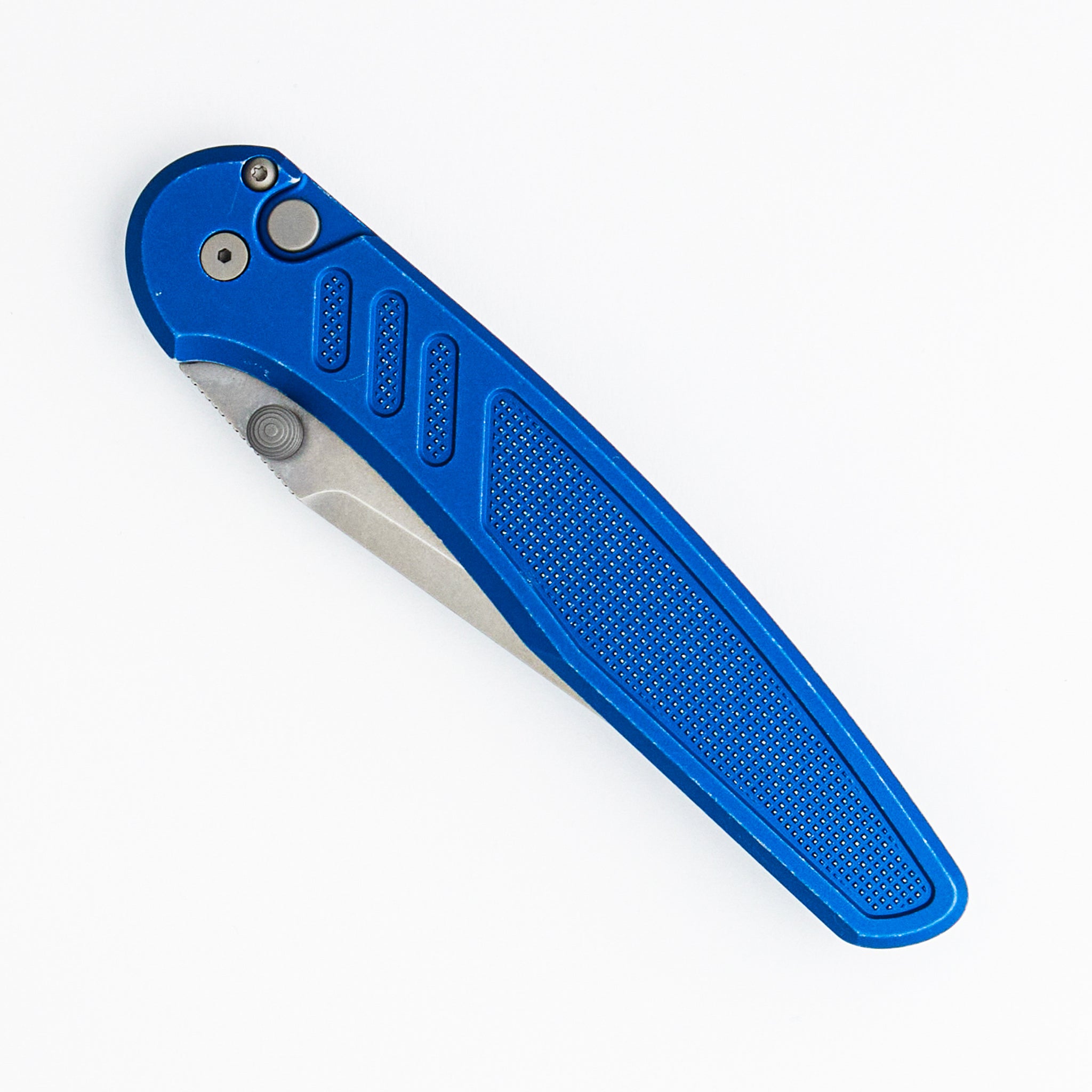 Avalon - PN1101-BW BLUE - Knurled Battleworn Blue Aluminum Handle - Stonewash MagnaCut Blade (Peace Neighbor Design)