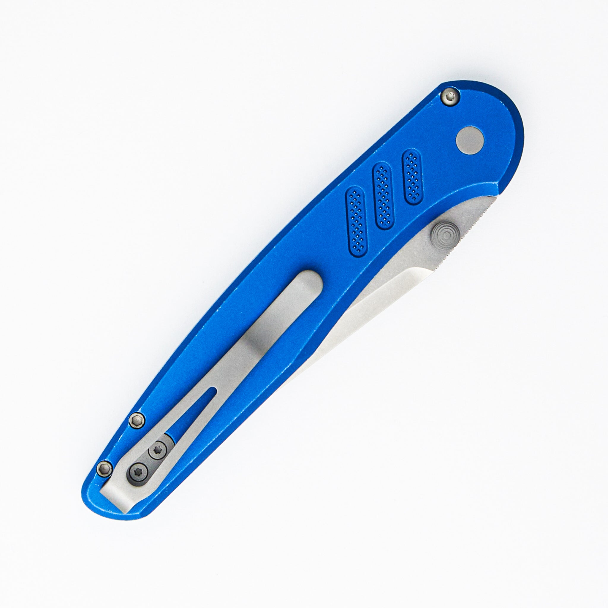 Avalon - PN1101-BW BLUE - Knurled Battleworn Blue Aluminum Handle - Stonewash MagnaCut Blade (Peace Neighbor Design)
